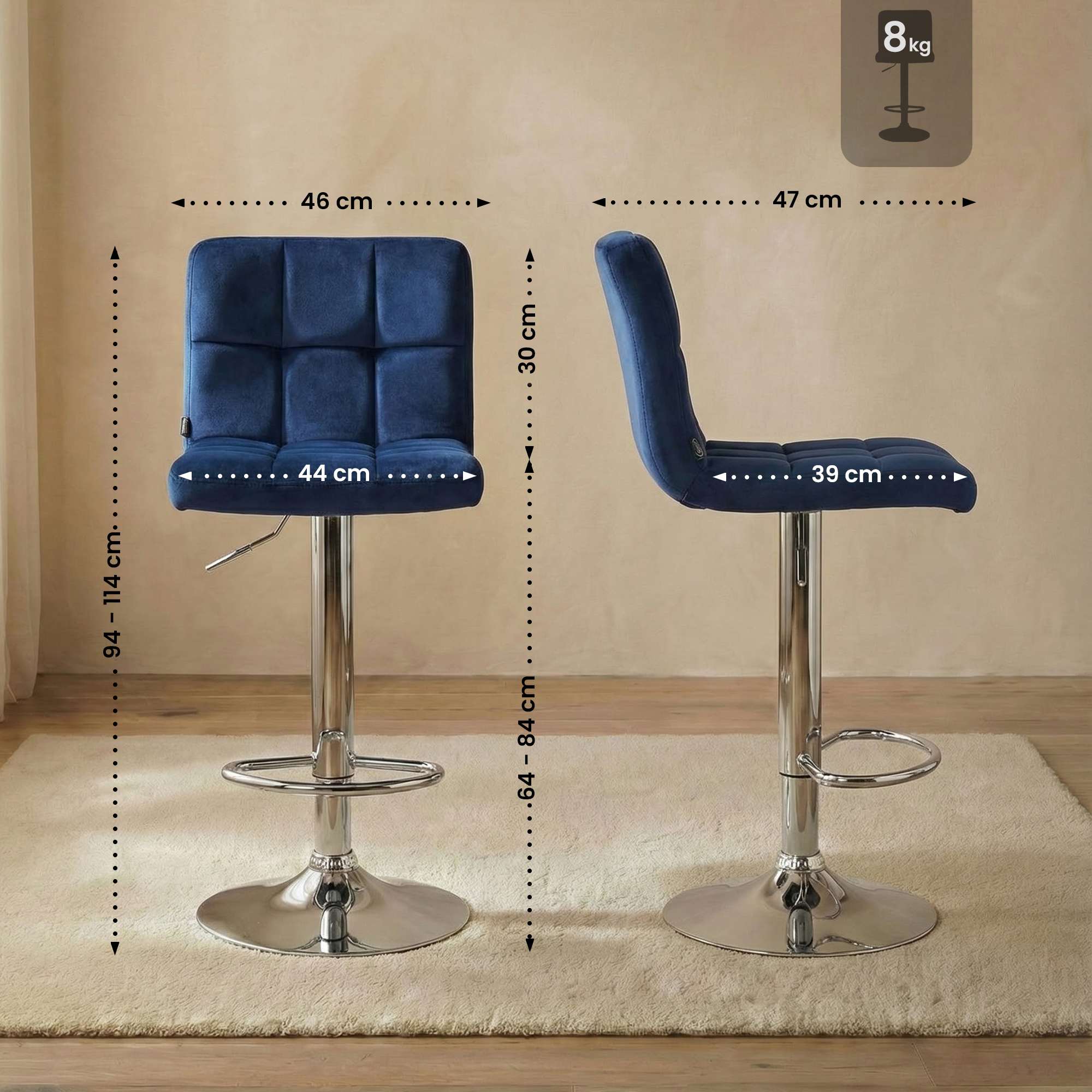 2er Set Barhocker Peru Samt chrom, blau