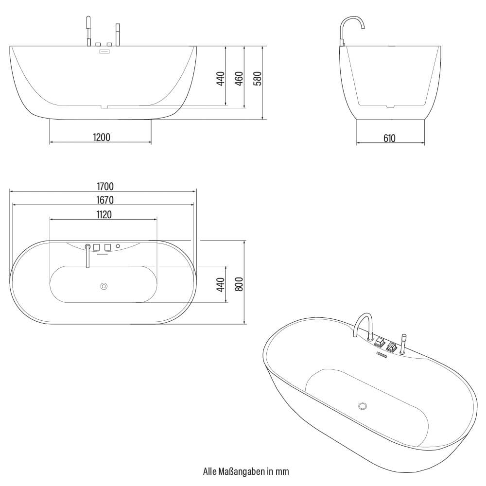 Badewanne mit schwarzer Armatur LENI - 170 x 80 cm