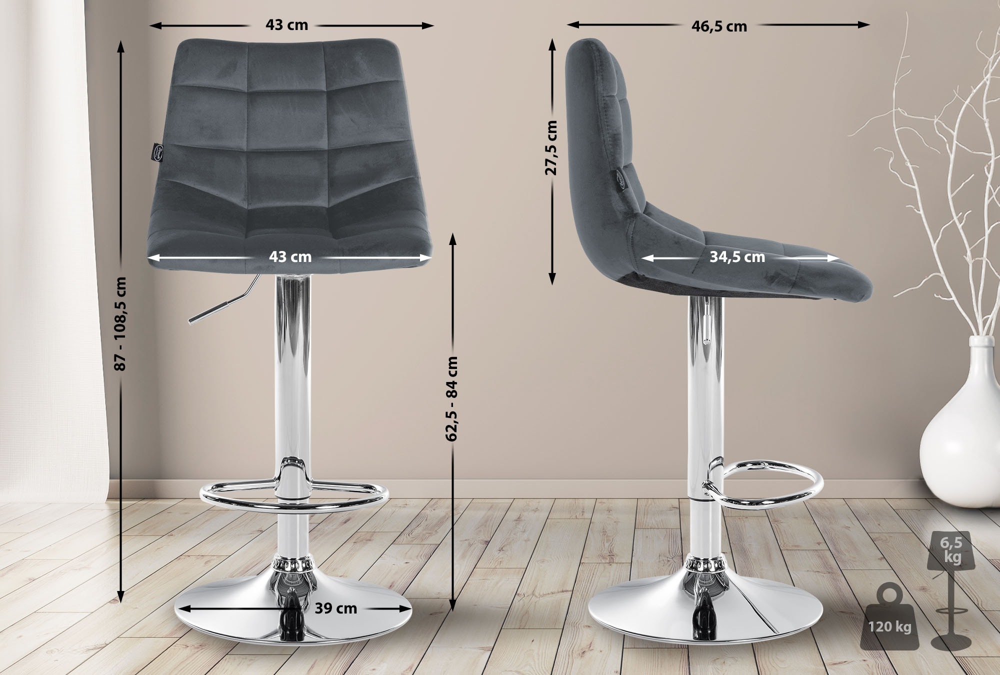 2er Set Barhocker Jerry Samt chrom, dunkelgrau