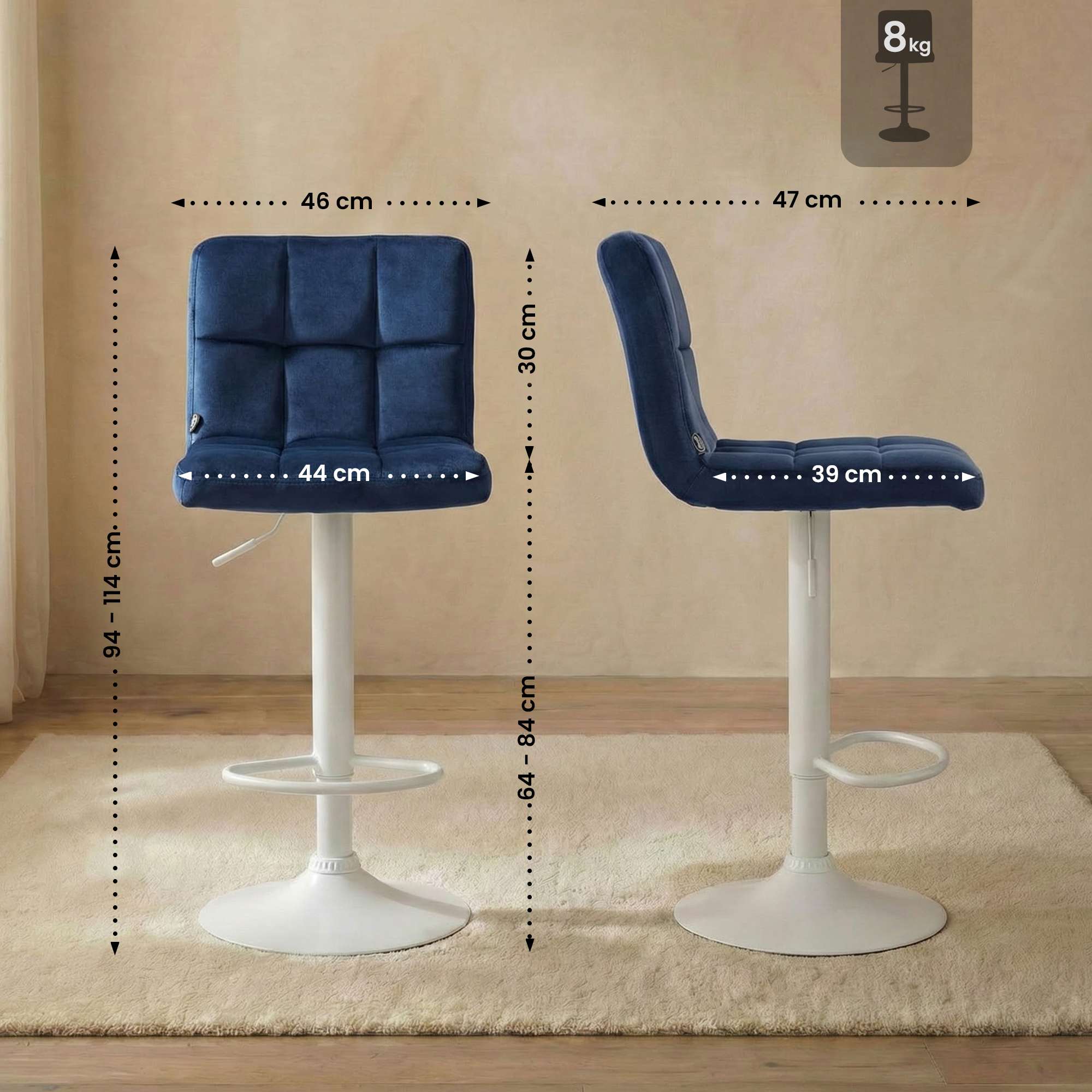 2er Set Barhocker Peru Samt weiß, blau