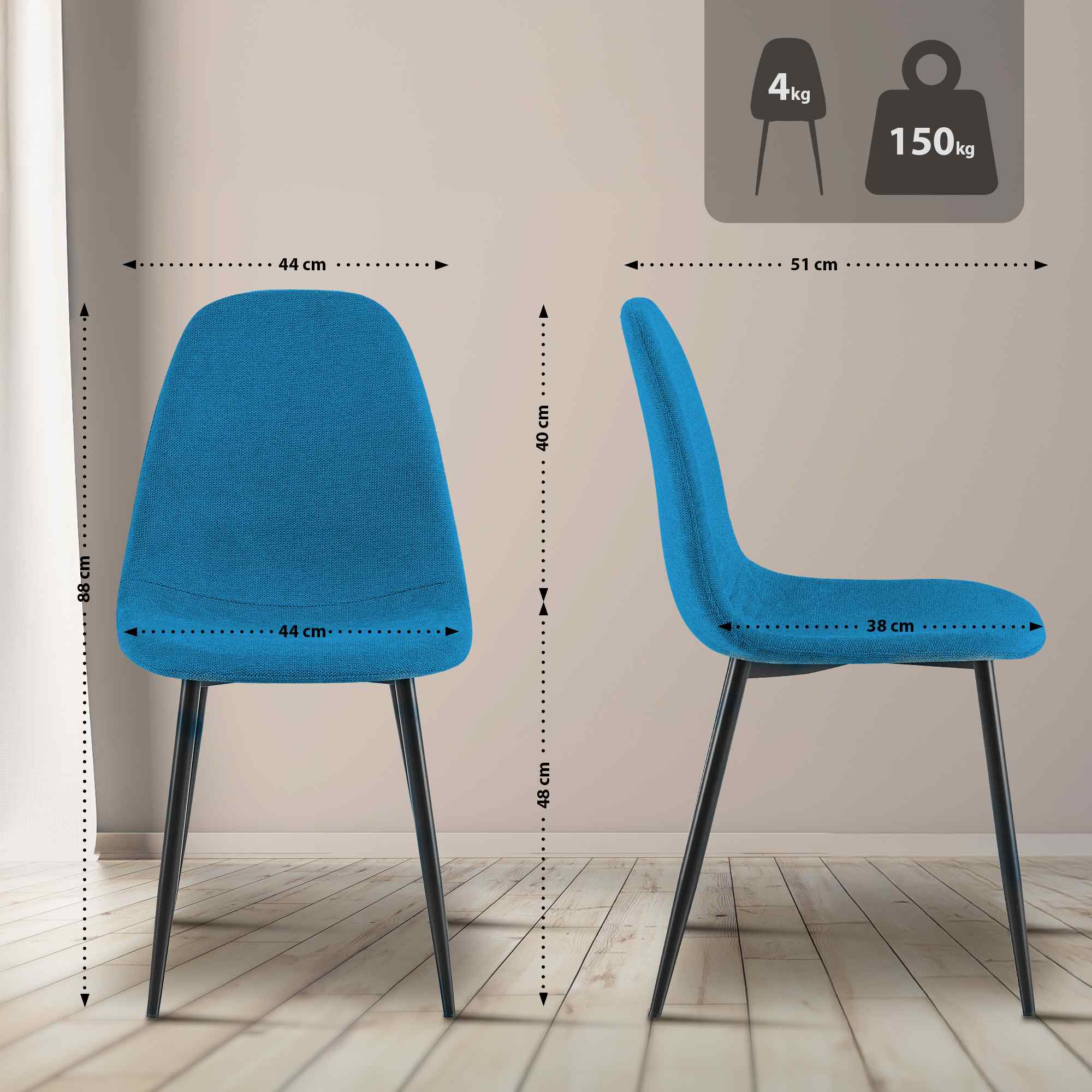 4er Set Esszimmerstühle Napier Stoff, blau