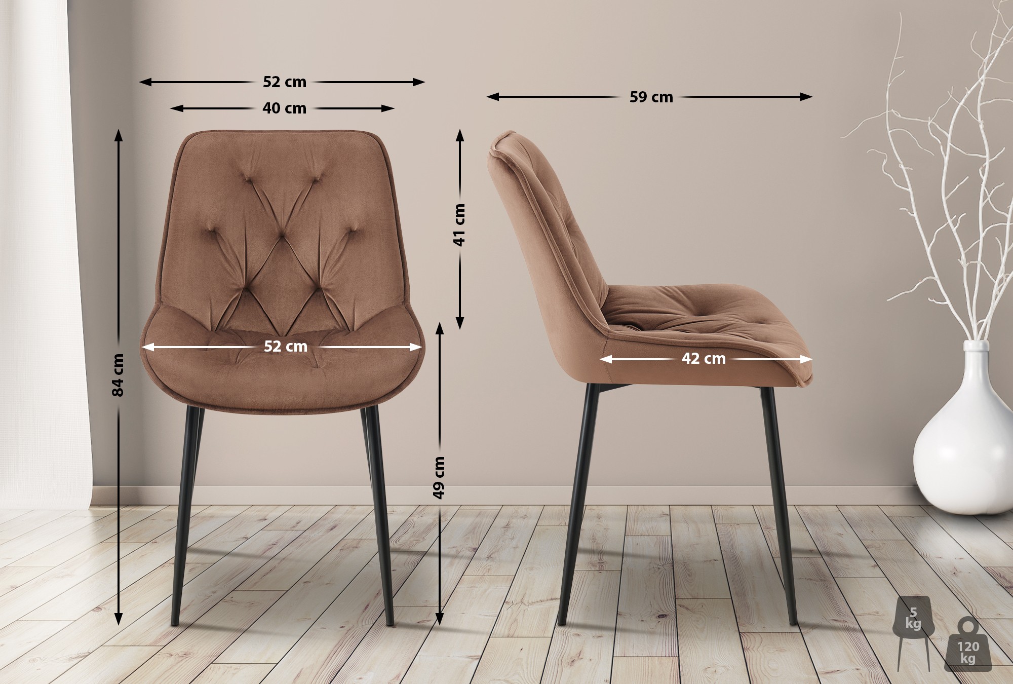 2er Set Esszimmerstuhl Wallace Samt, braun