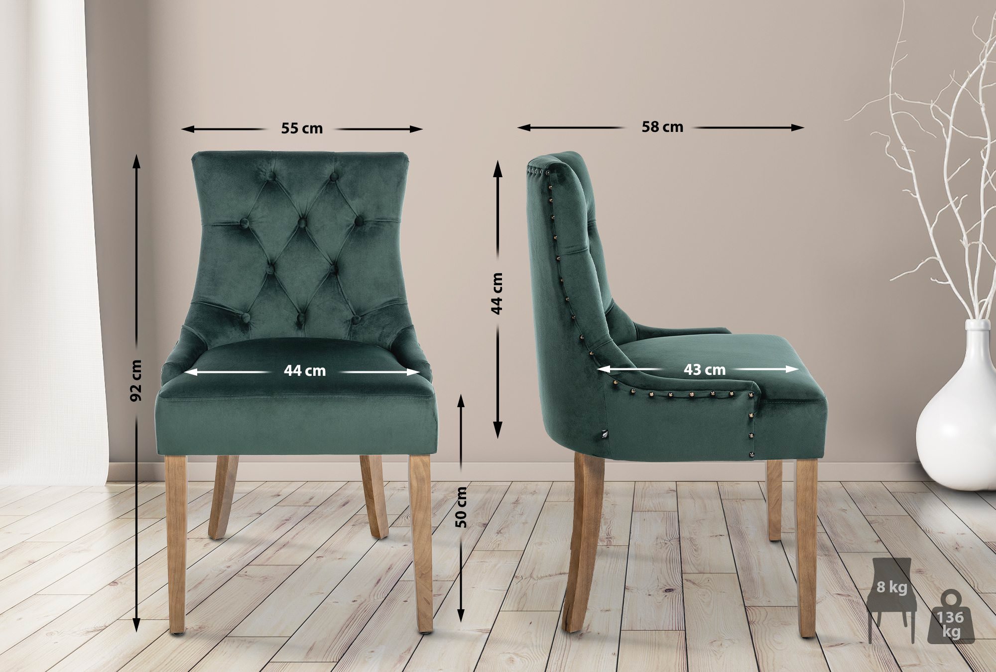 Esszimmerstuhl Aberdeen Samt antik-hell, dunkelgrün
