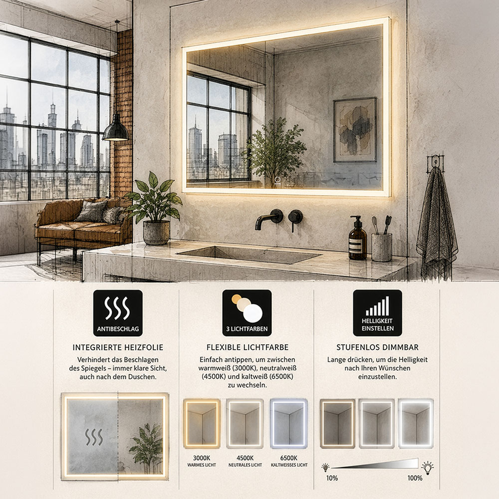 LED-Spiegel Rechteckig NOLA – 120 x 70 cm
