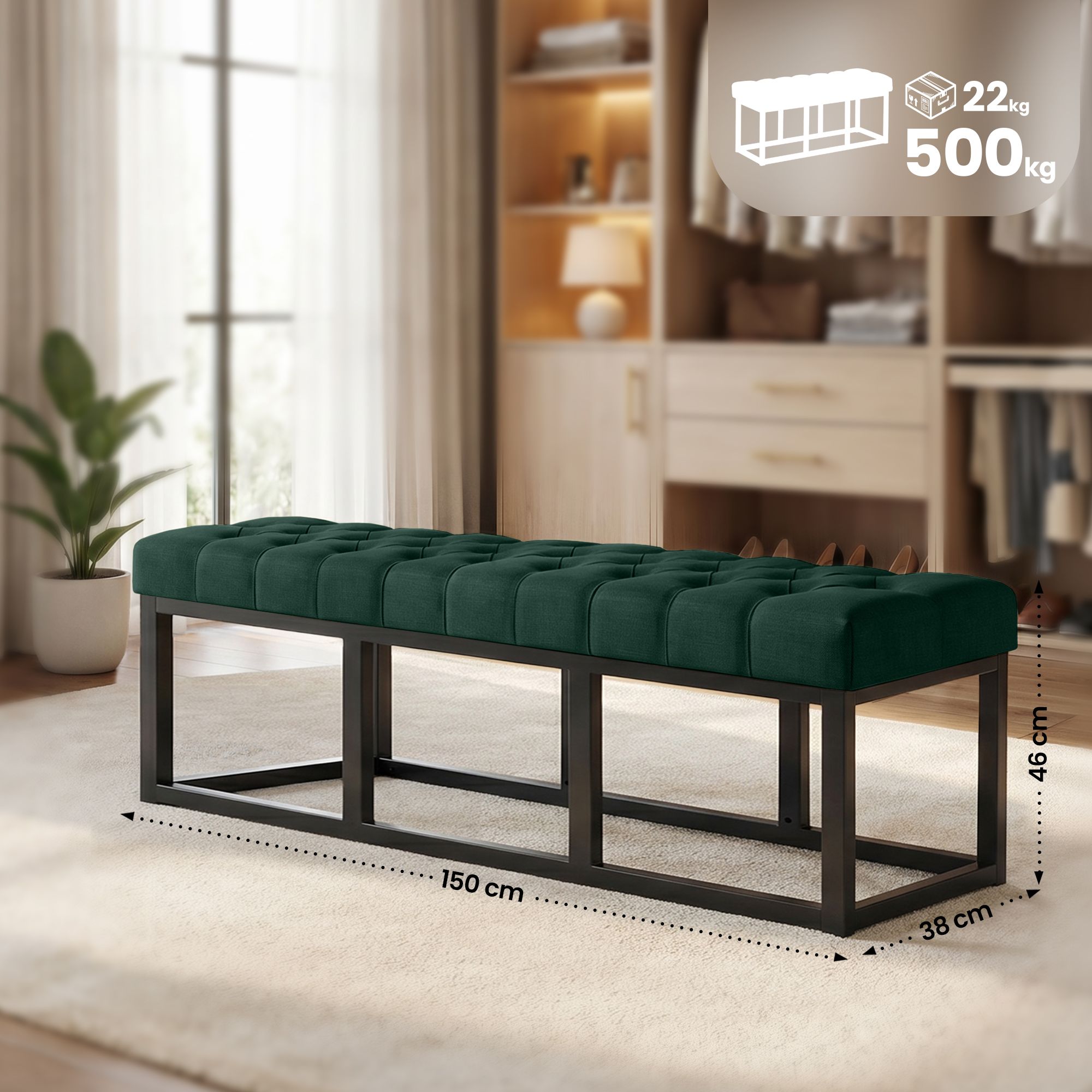 Sitzbank Amun Stoff Schwarz 150 cm, grün