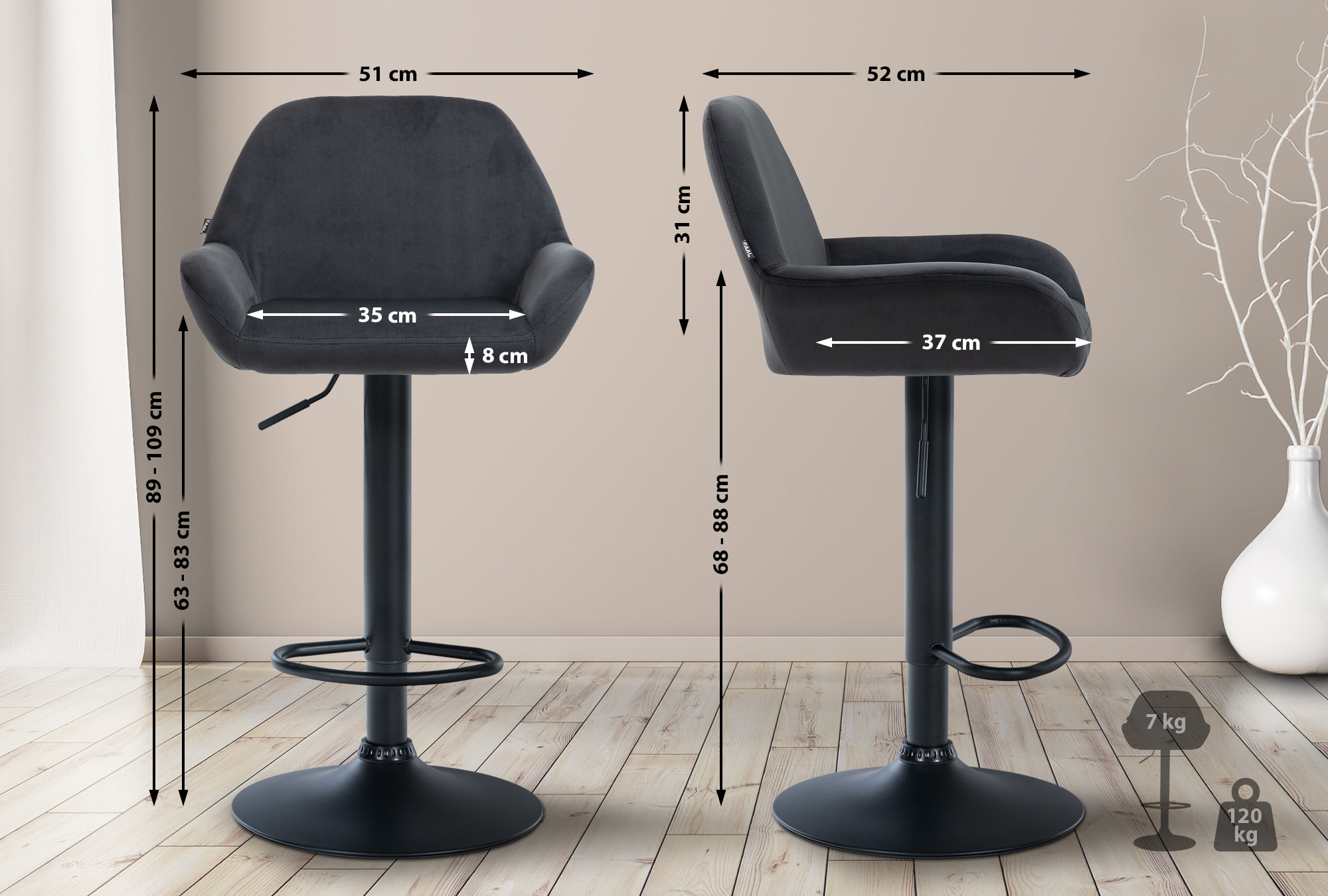 2er Set Barhocker Braga Samt schwarz, schwarz