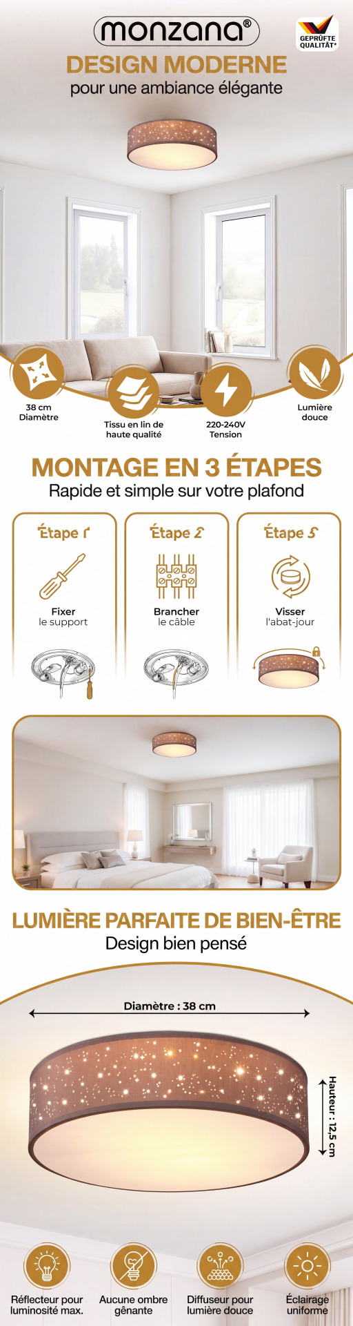 Deckenlampe Taupe Stoff Ø38cm Sternenhimmel