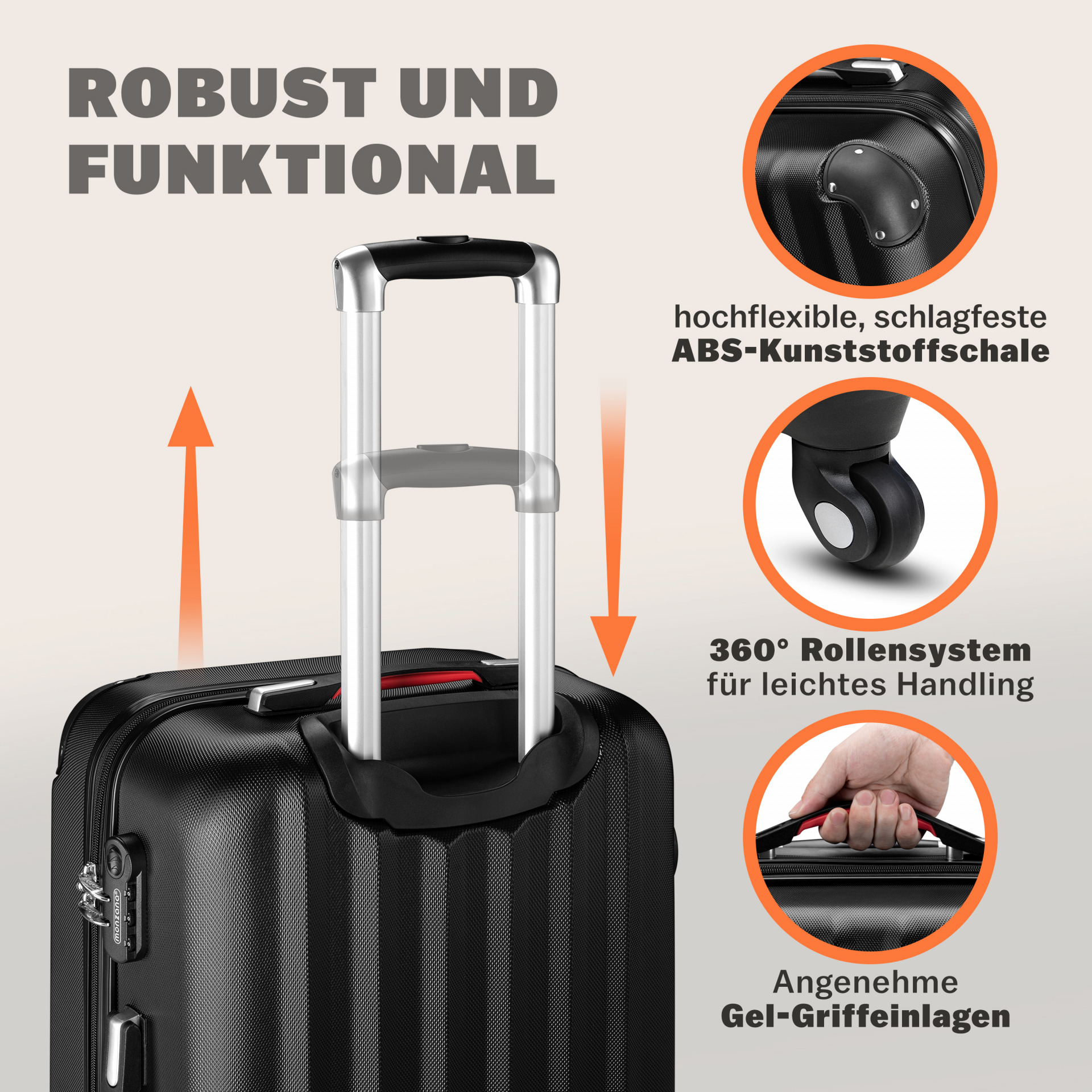 Hartschalenkoffer L Rollen 360º Reisekoffer 62L Schwarz ABS