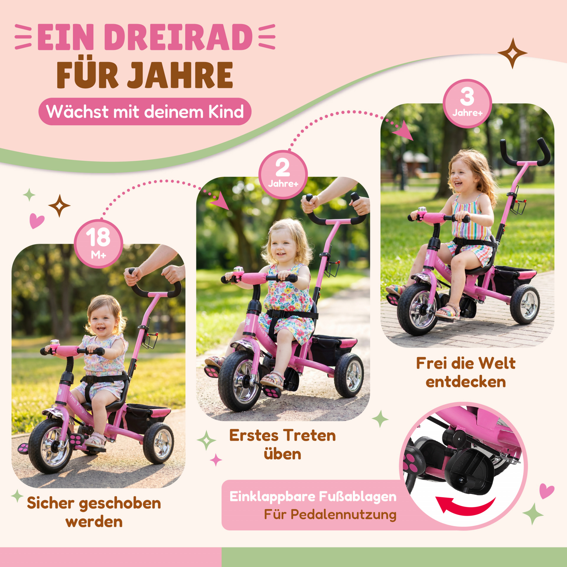 Kinderdreirad Free Angel Pink Metall Schiebestange