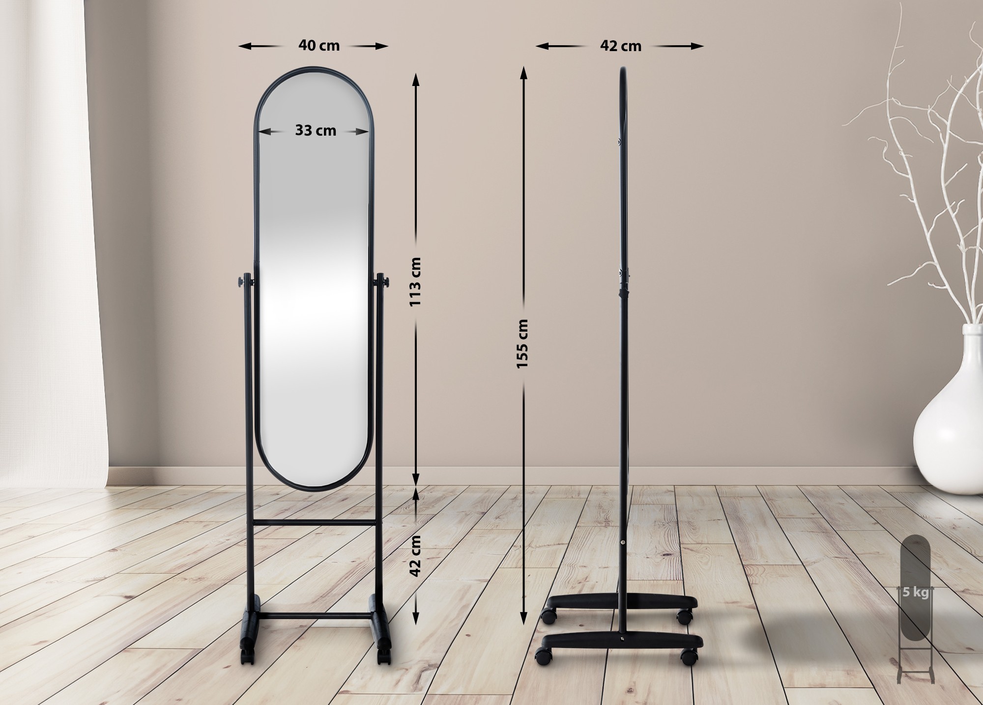 Standspiegel Nane Oval, schwarz