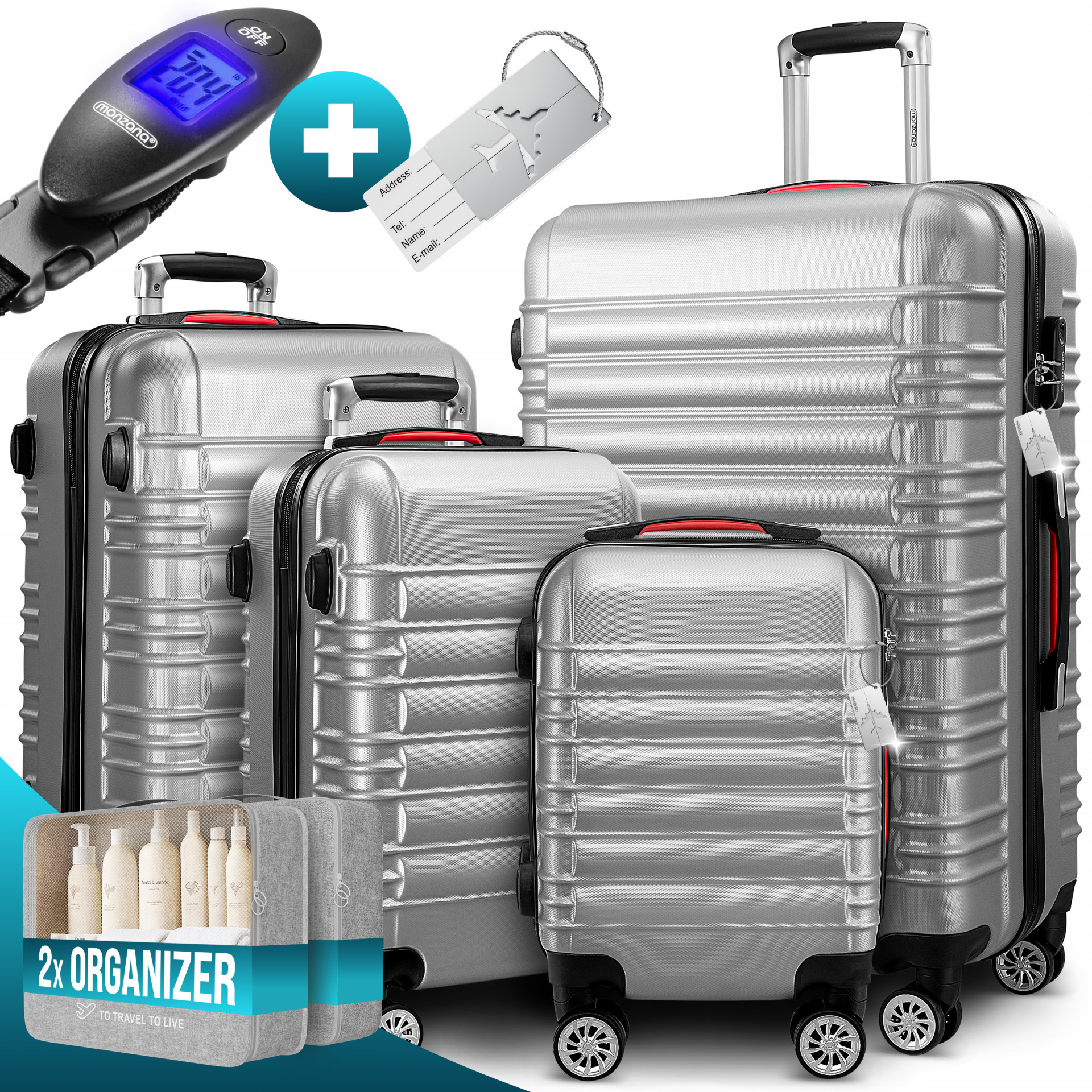 Hartschalenkoffer Set 4-tlg mit Zubehör Rollen 360º Silber ABS