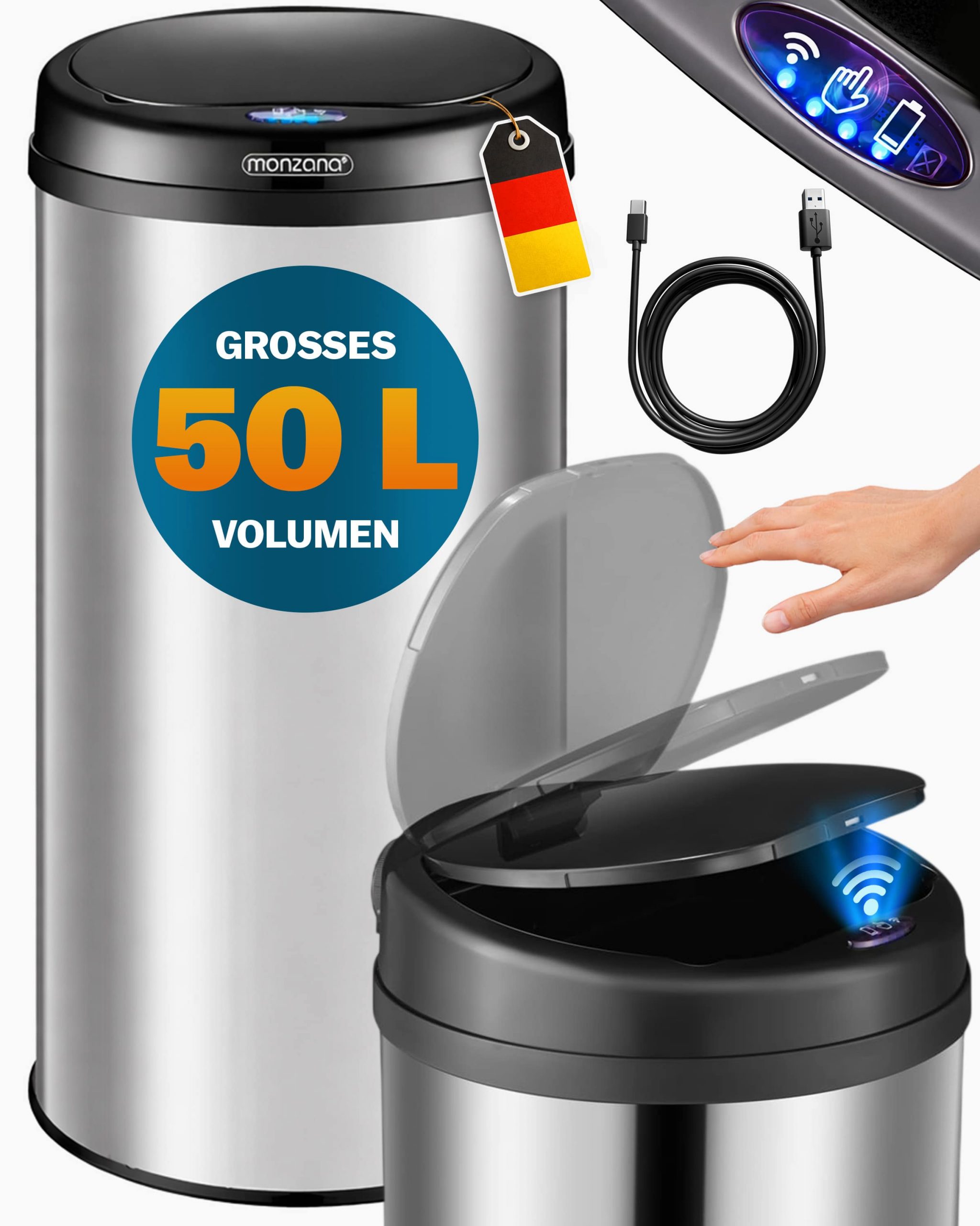 Sensor Mülleimer Silber Edelstahl 50L