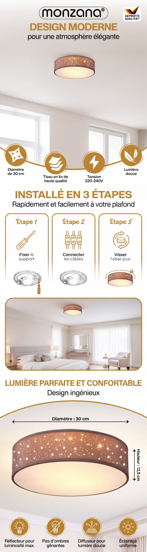 Deckenlampe Taupe Stoff Ø30cm Sternenhimmel