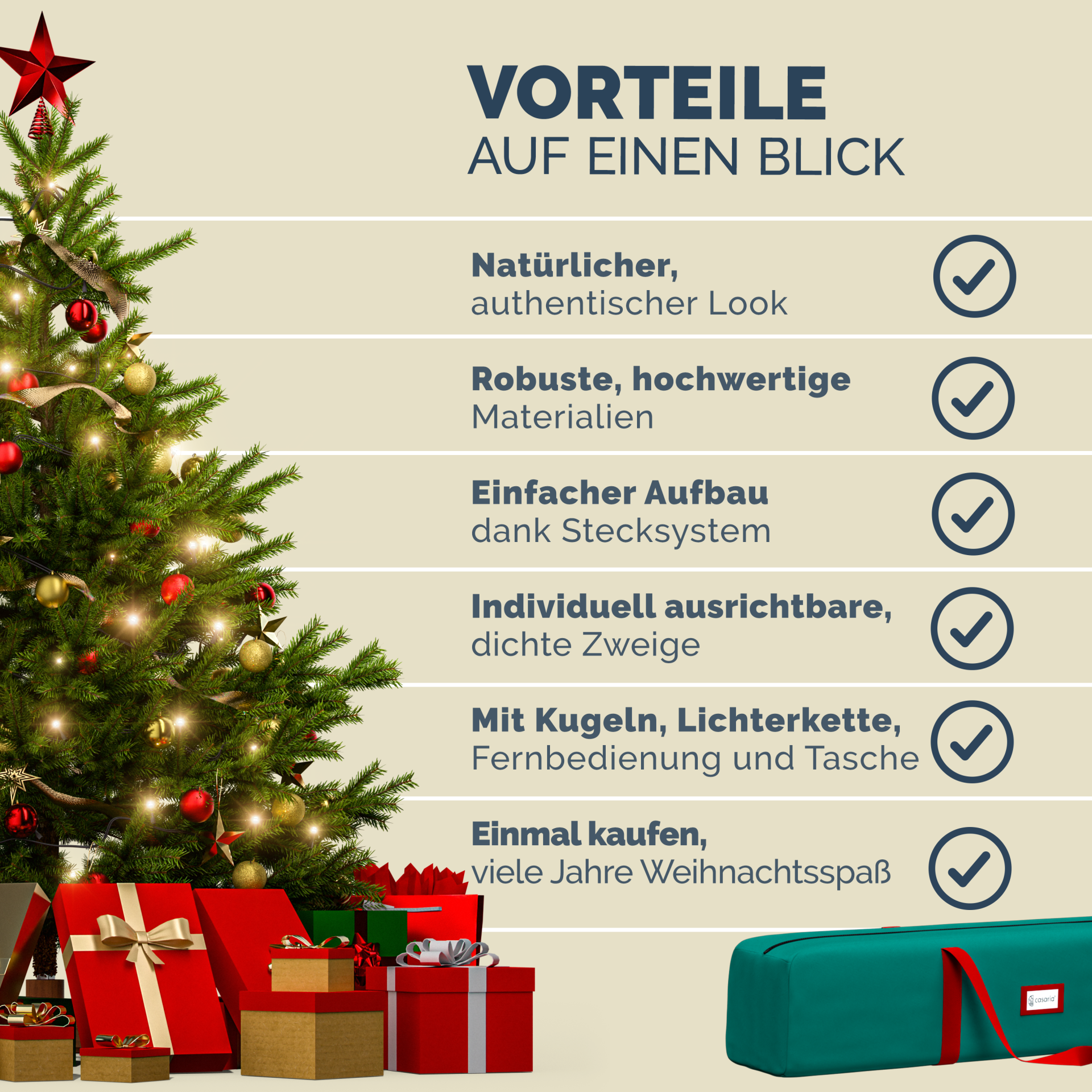 Künstlicher Weihnachtsbaum Premium 180cm + Kugeln Rot + Lichterkette warmweiß