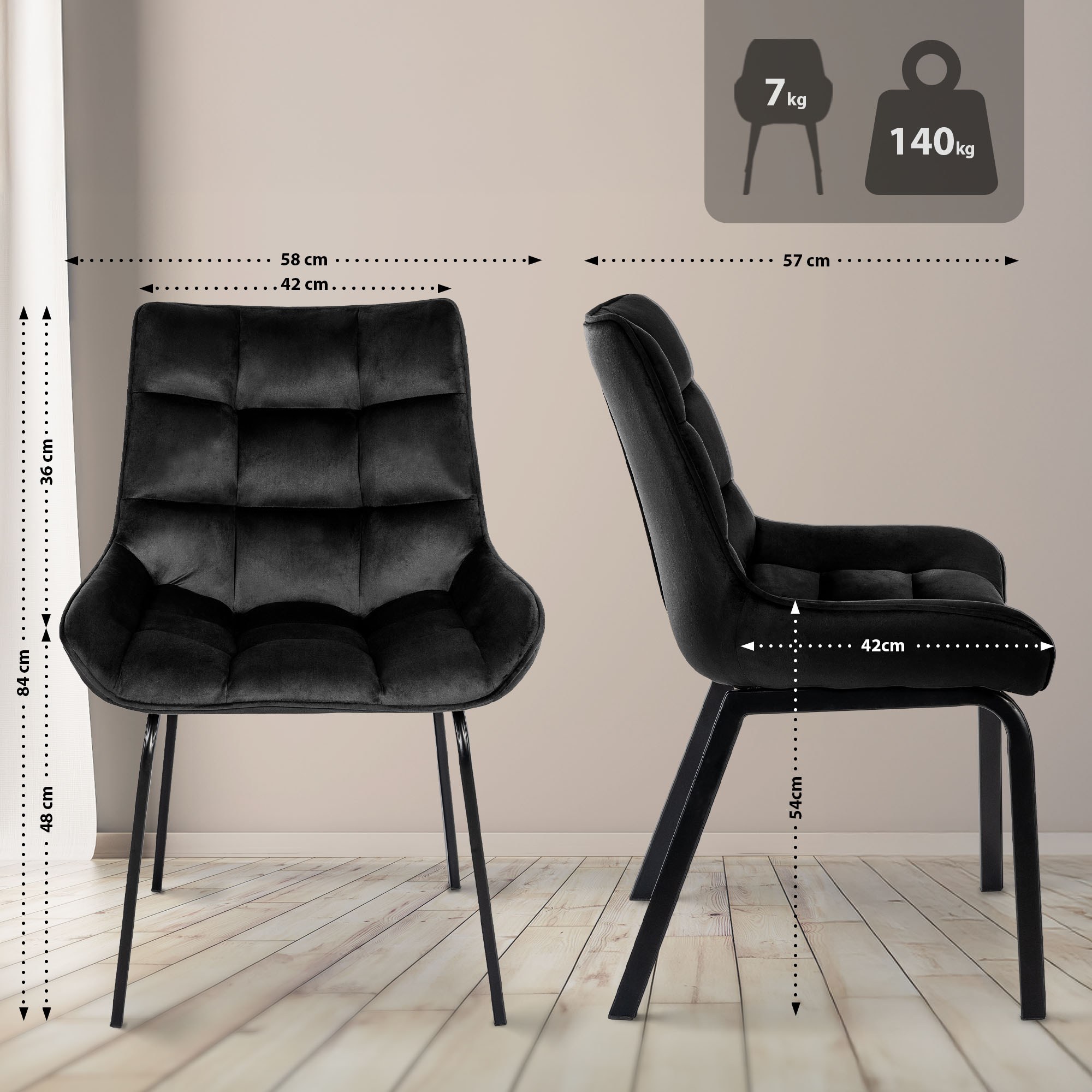 2er Set Stuhl Saranda Samt, schwarz