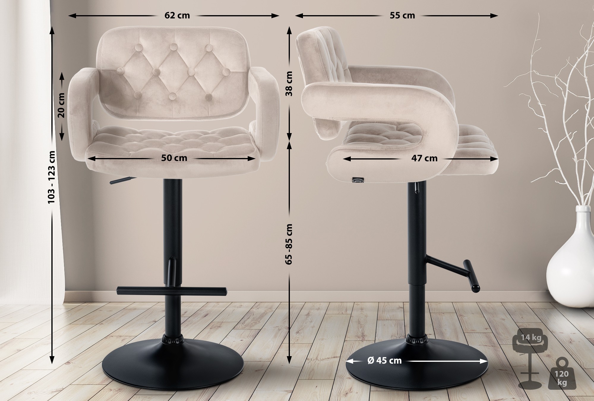 Barhocker Dublin Samt schwarz, creme