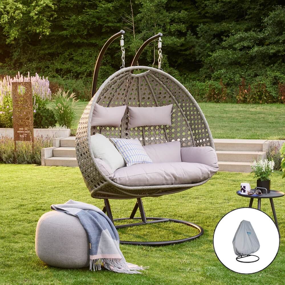 Polyrattan Hängesessel mit Regenabdeckung TWIN - Grau für 2 Personen