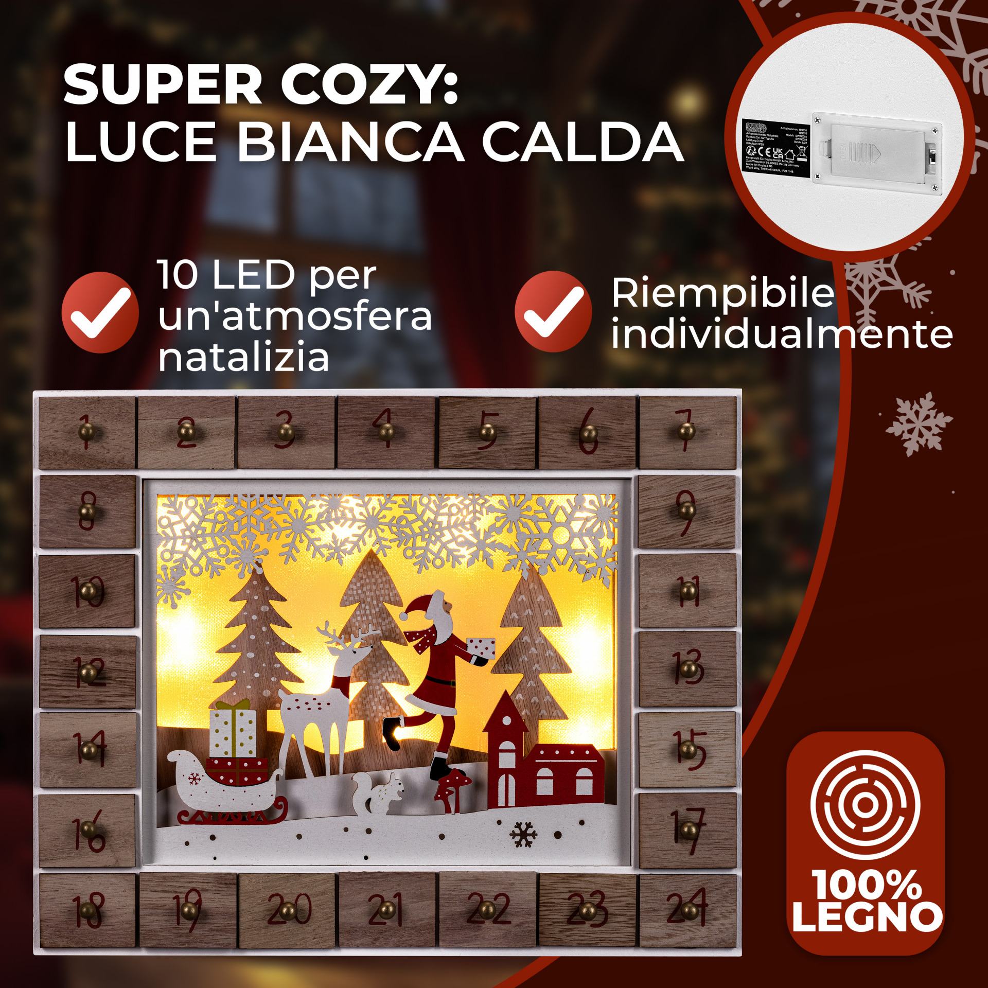 Adventskalender Weihnachtsmann Holz beleuchtet LED
