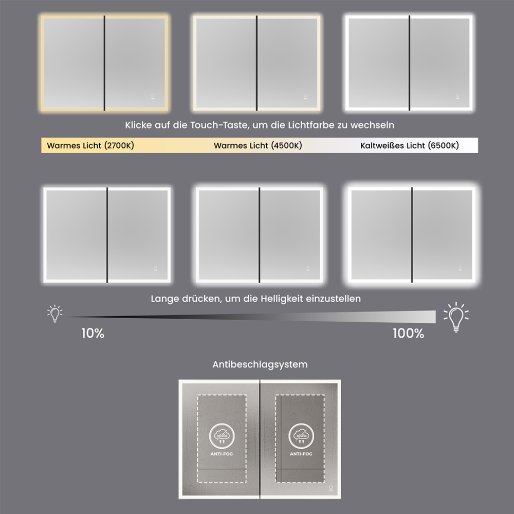 LED-Spiegelschrank EVE Schwarz - 100 x 80 cm
