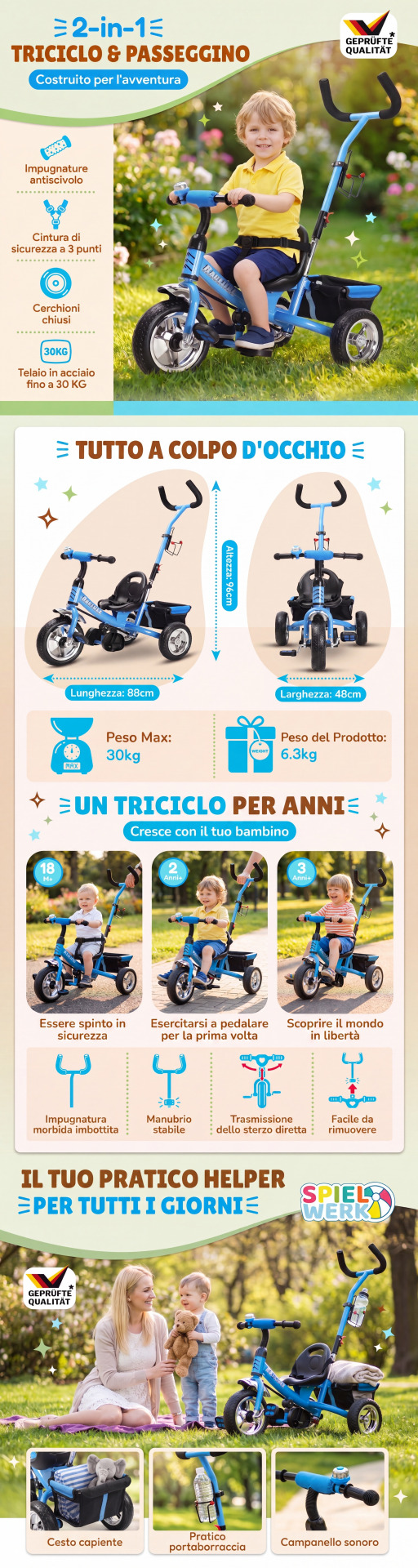 Kinderdreirad Raceline Blau Metall Schiebestange
