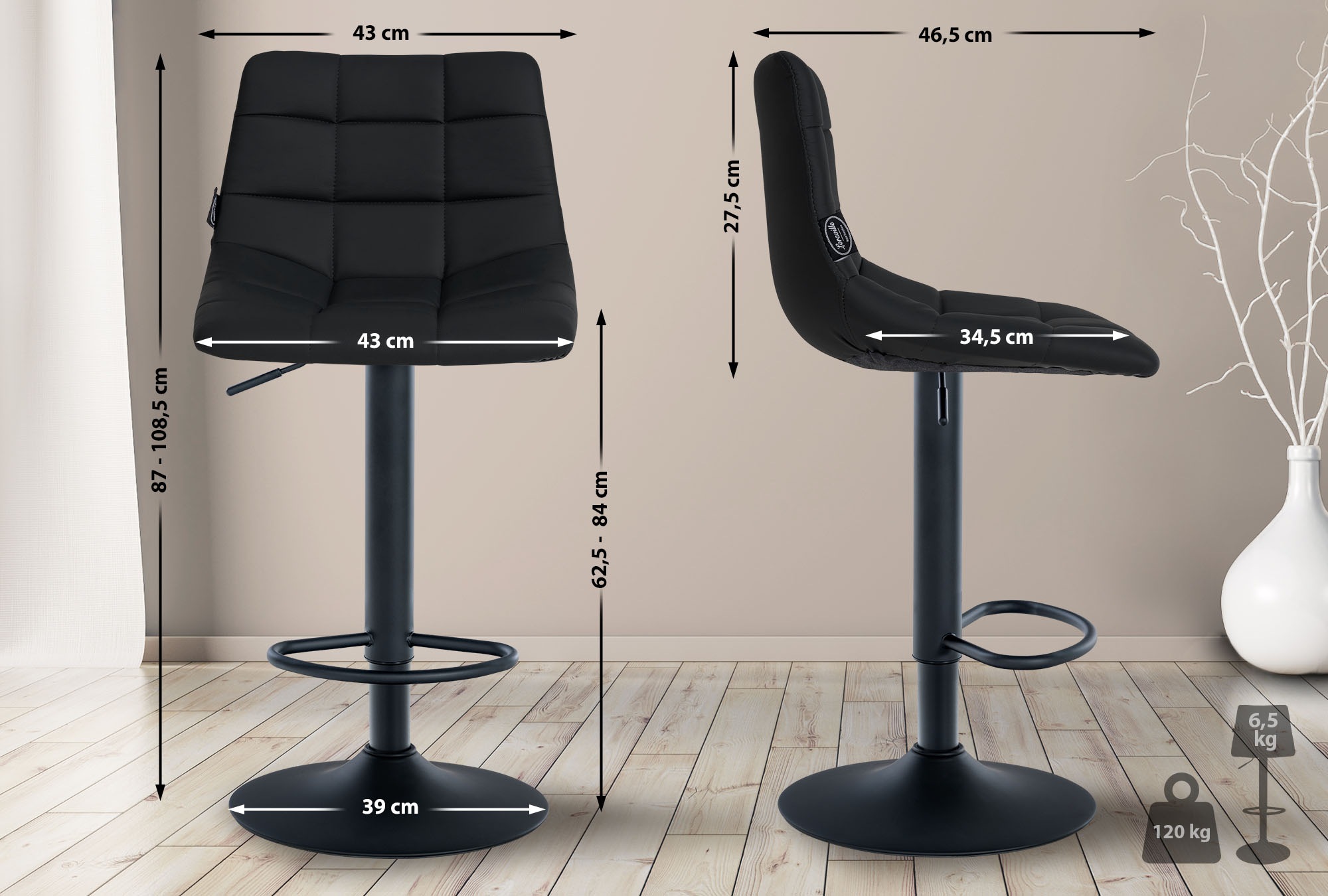 2er Set Barhocker Jerry Kunstleder schwarz, schwarz