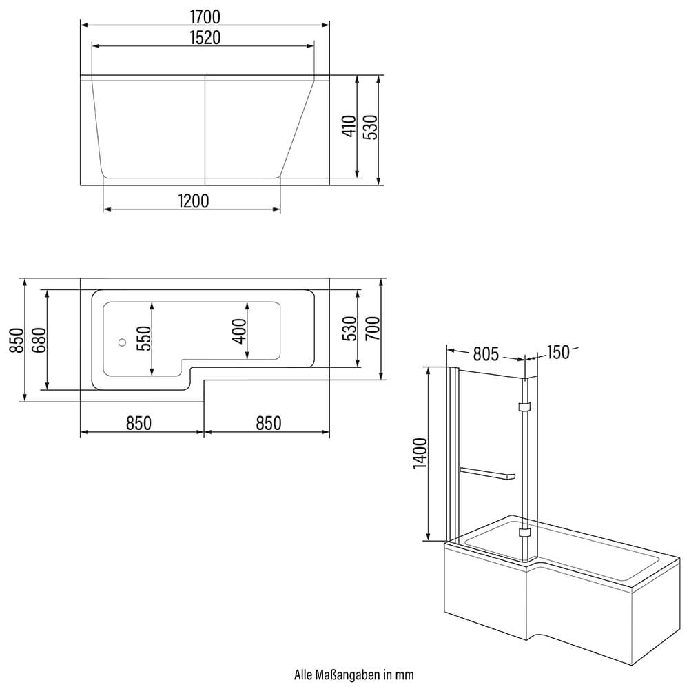 Duschbadewanne ELARA - 170 x 85 cm Rechts