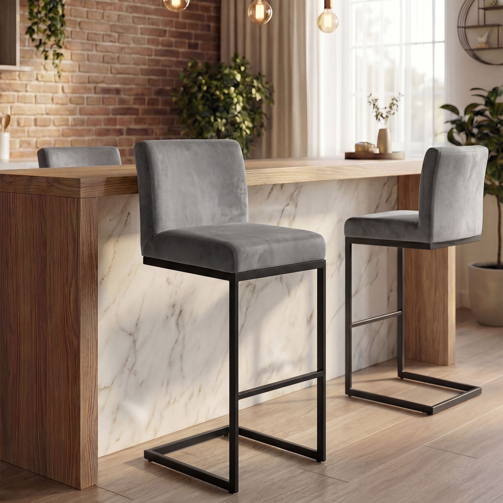 2er Set Barhocker Hopewell Samt B, grau
