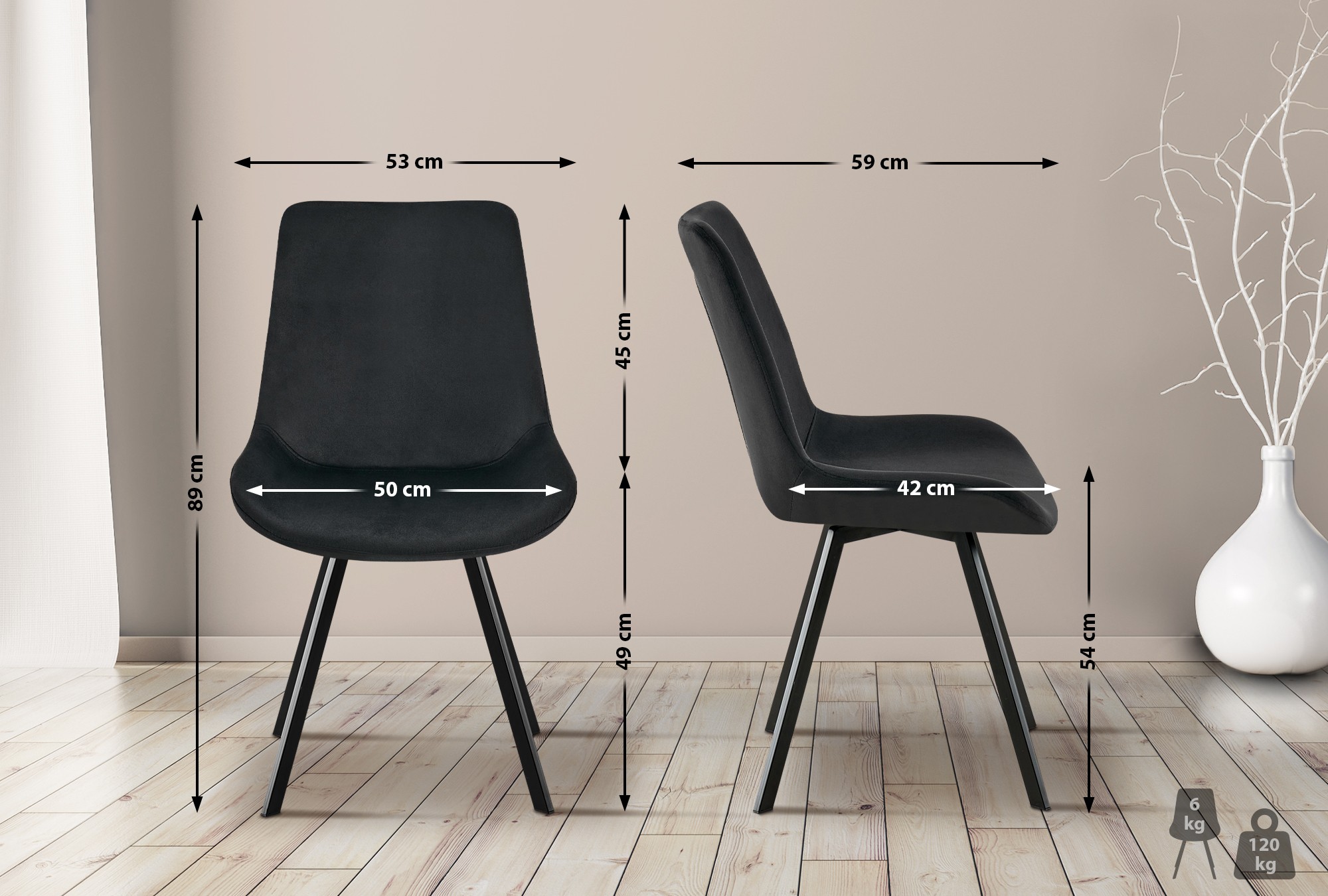 2er Set Esszimmerstuhl Lewes Samt, schwarz