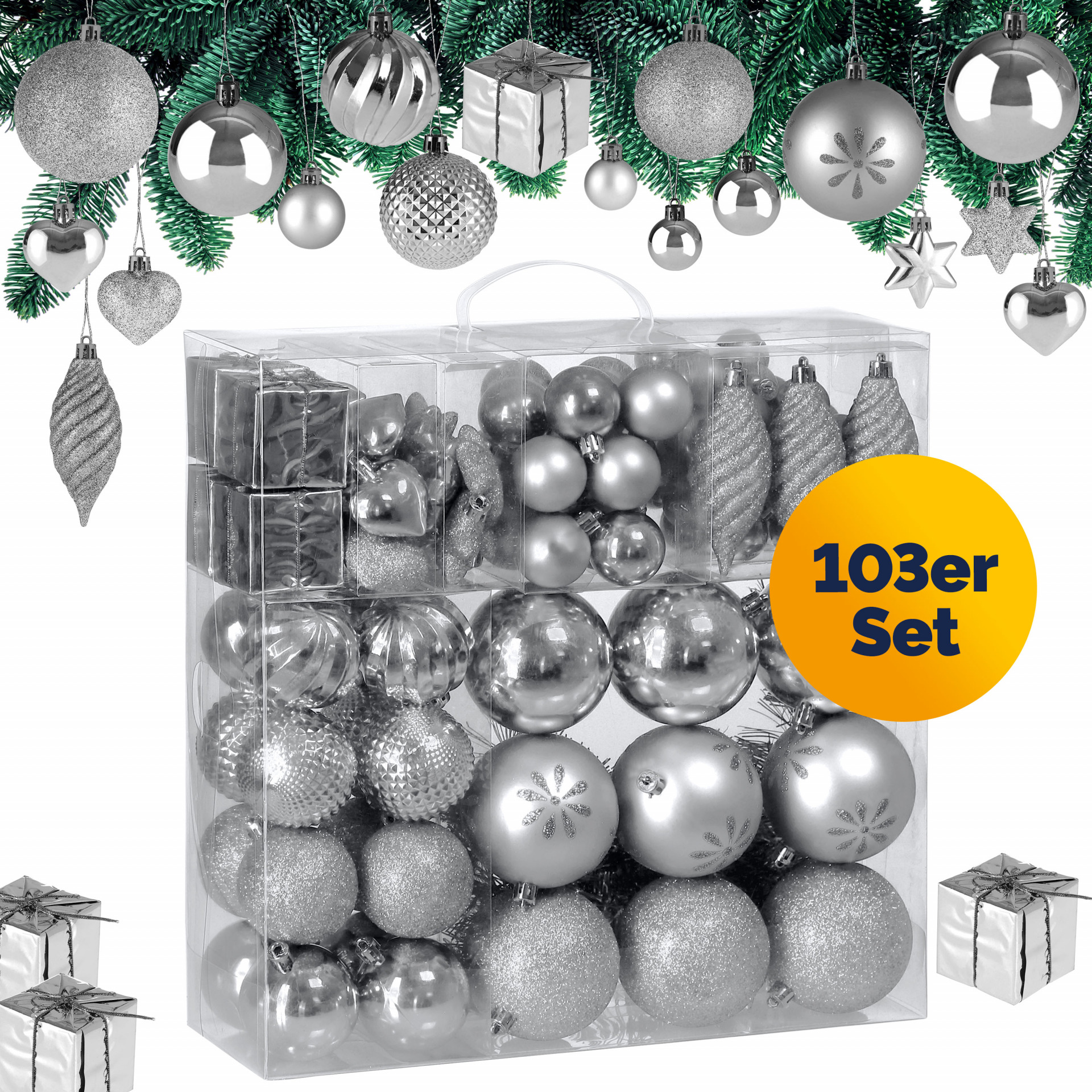 Weihnachtskugeln 103-teilig Silber bruchsicher glänzend matt glitzer