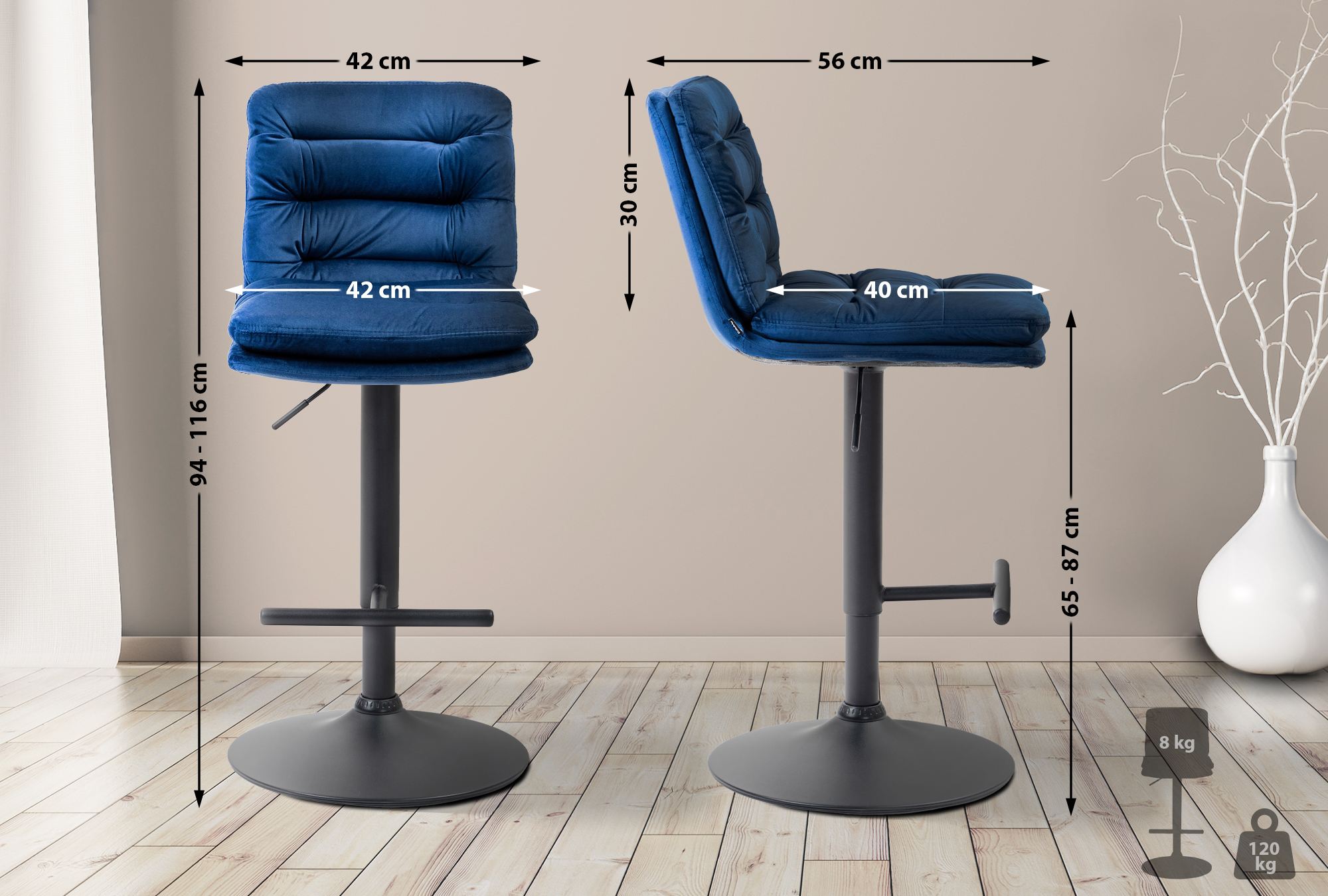 2er Set Barhocker Damar Samt schwarz, blau