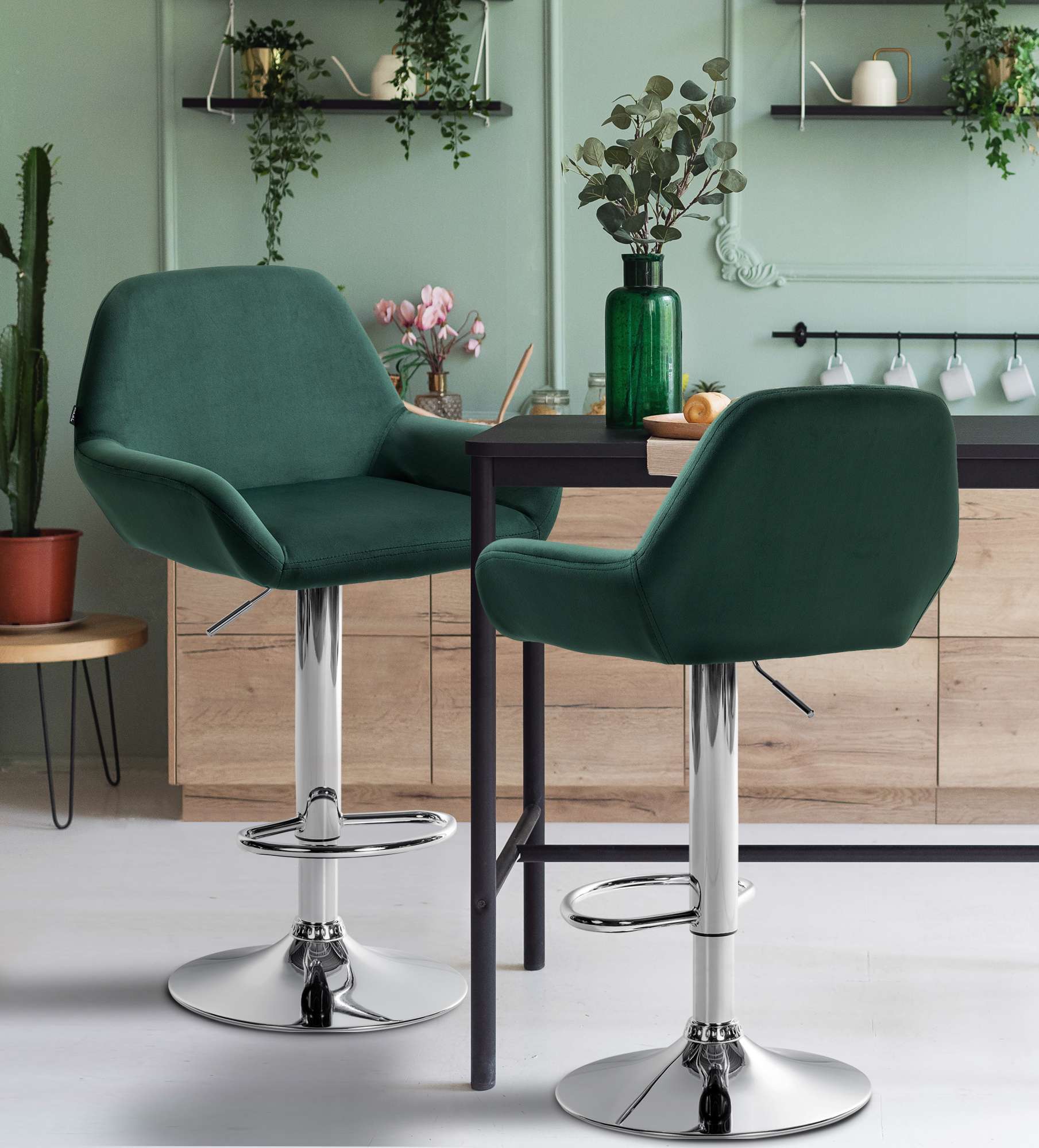 2er Set Barhocker Braga Samt chrom, dunkelgrün
