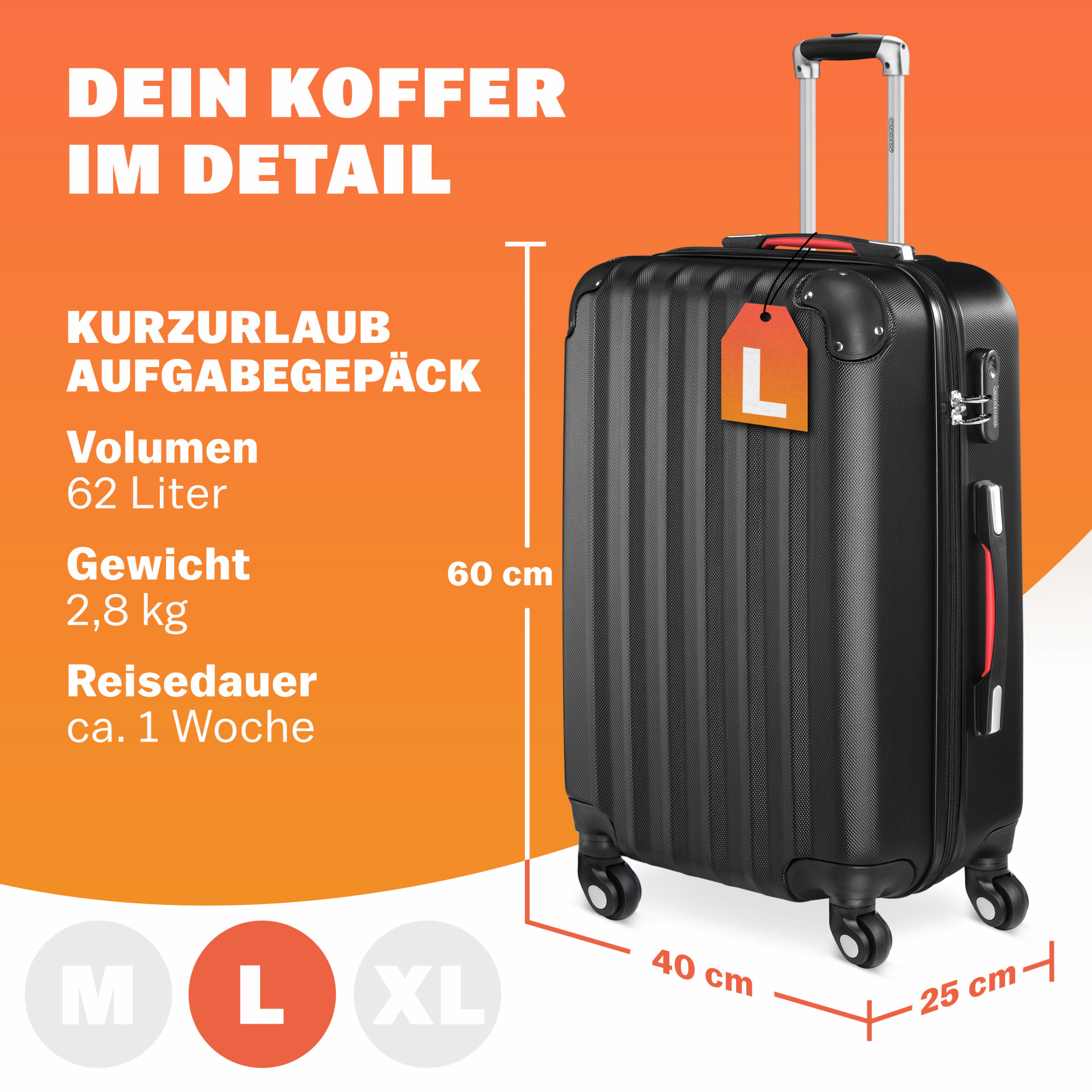 Hartschalenkoffer L Rollen 360º Reisekoffer 62L Schwarz ABS