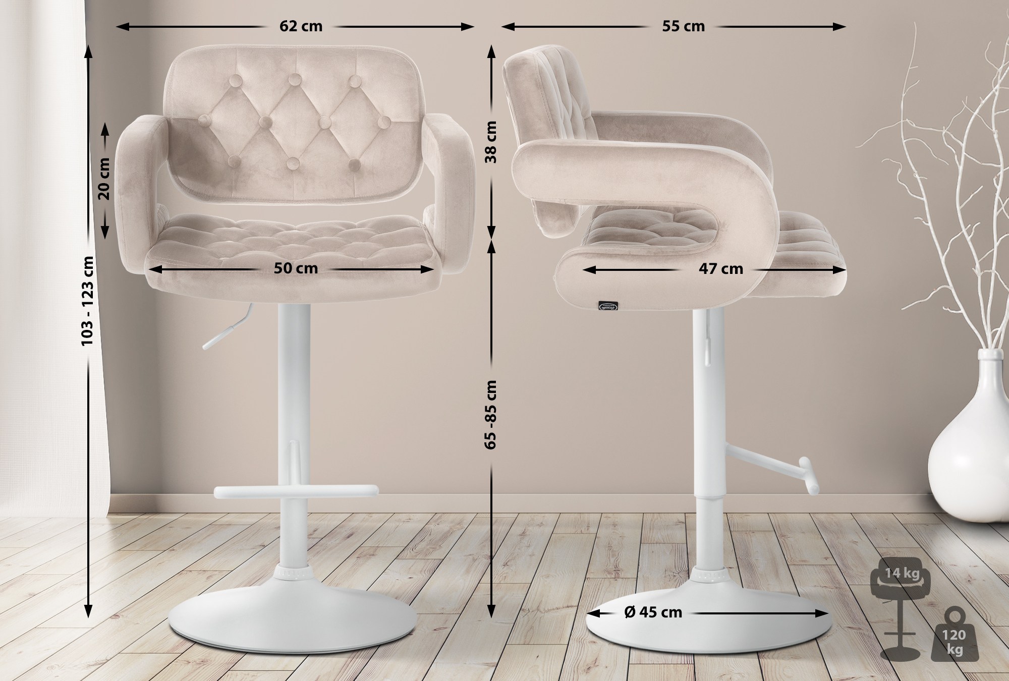 Barhocker Dublin Samt weiß, creme