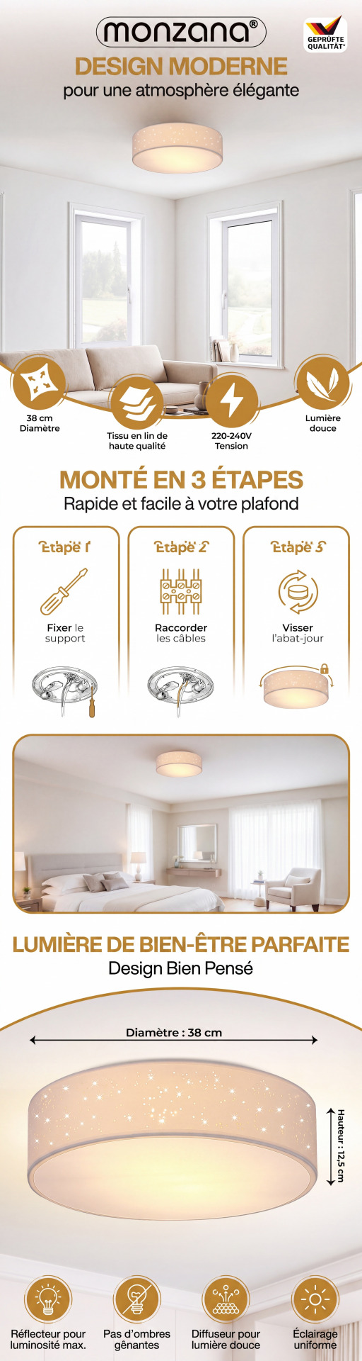 Deckenlampe Weiß Stoff Ø38cm Sternenhimmel