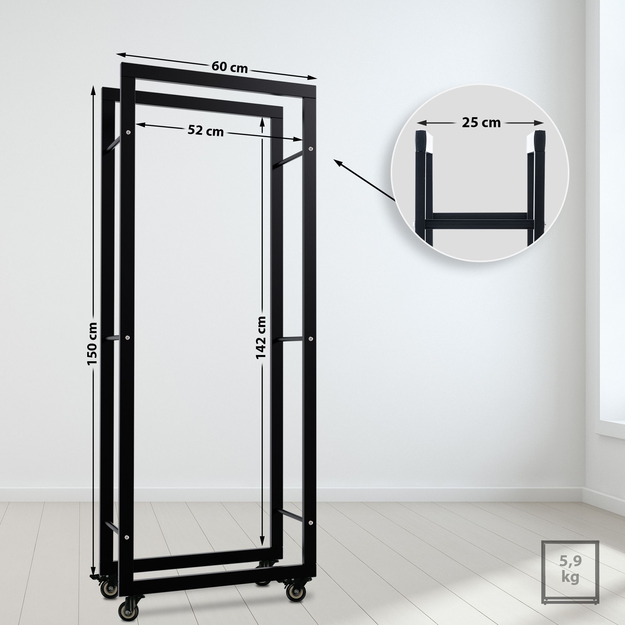 Kaminholzständer Keri mit Rollen 25x60x150, schwarz