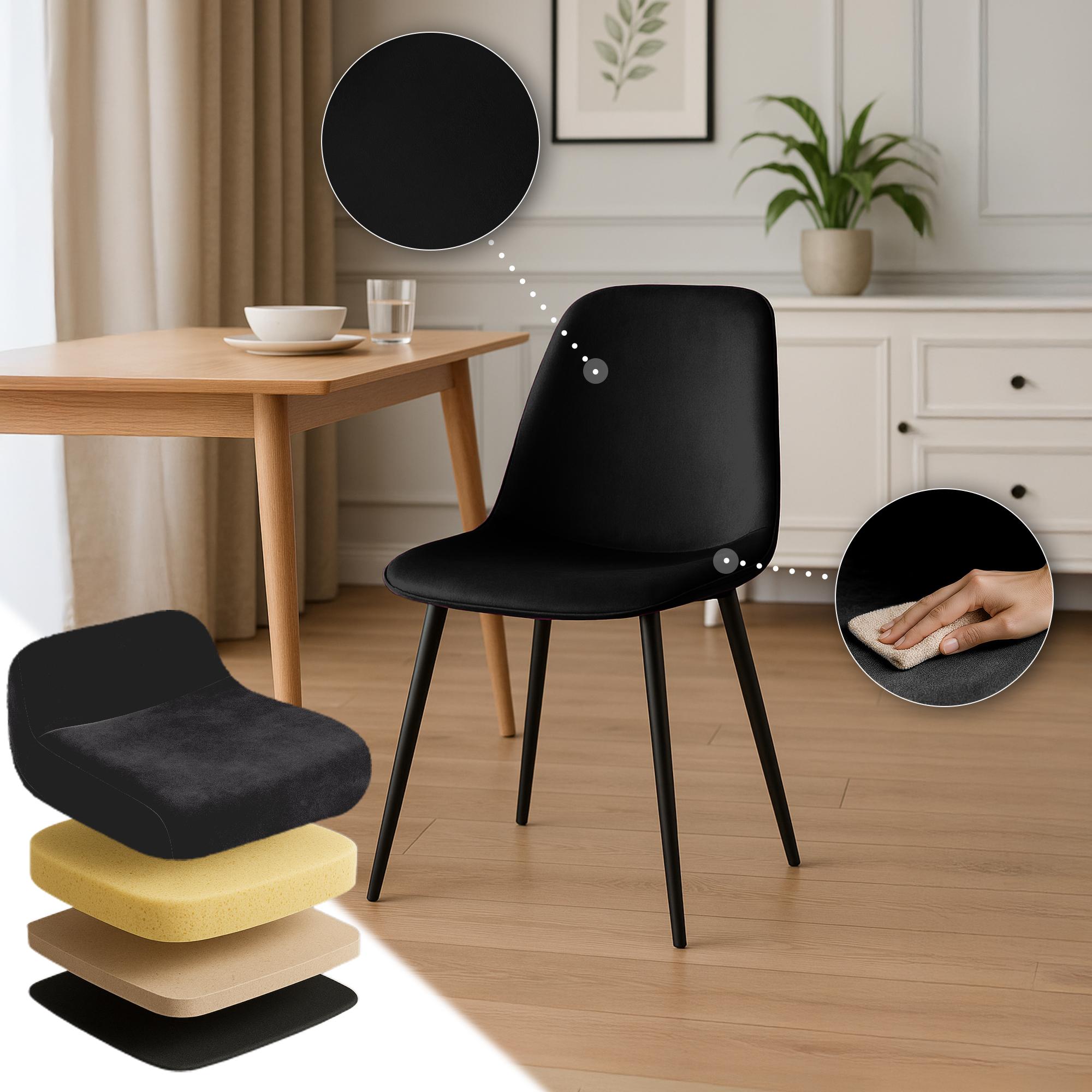 4er Set Esszimmerstuhl Maryam Samt, schwarz