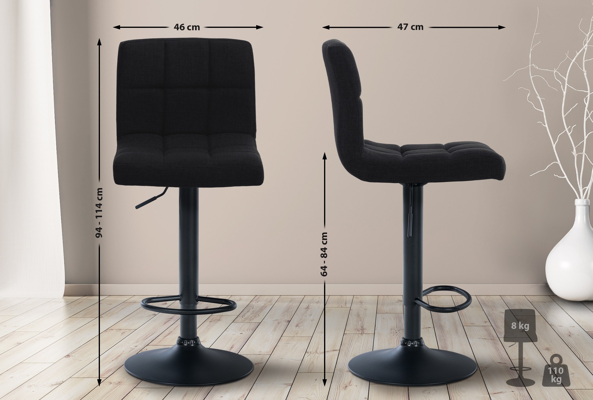 2er Set Barhocker Calma Stoff schwarz, schwarz