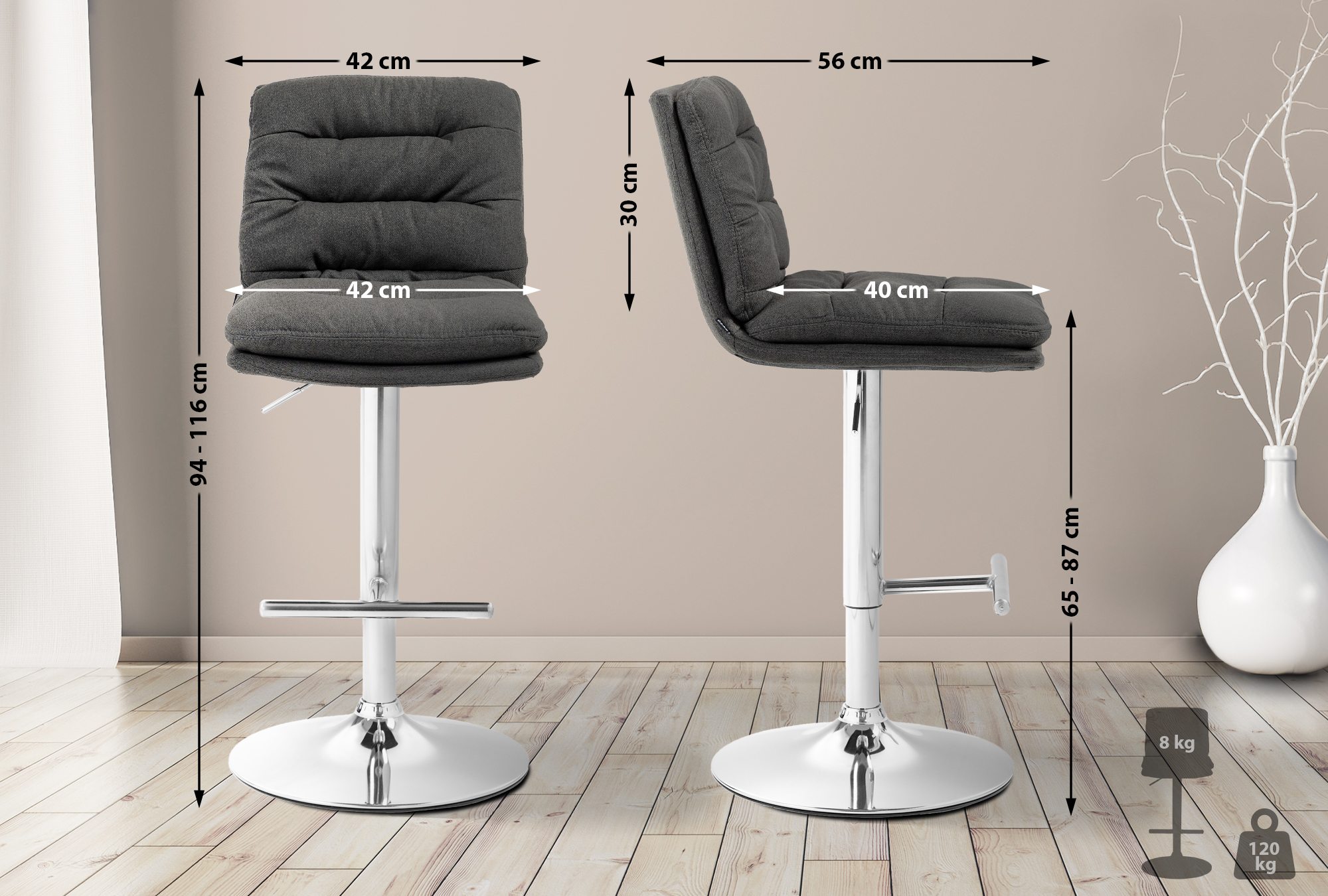 Barhocker Damar Stoff chrom, dunkelgrau