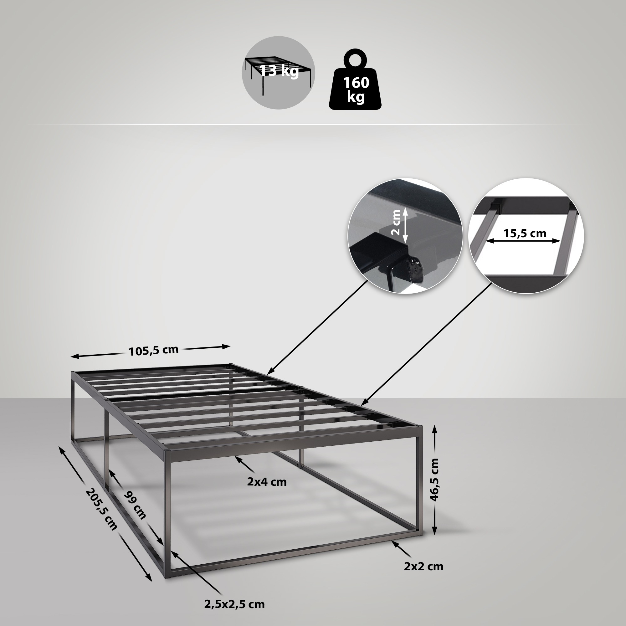 Metallbett Scala 200x100x46 cm, schwarz