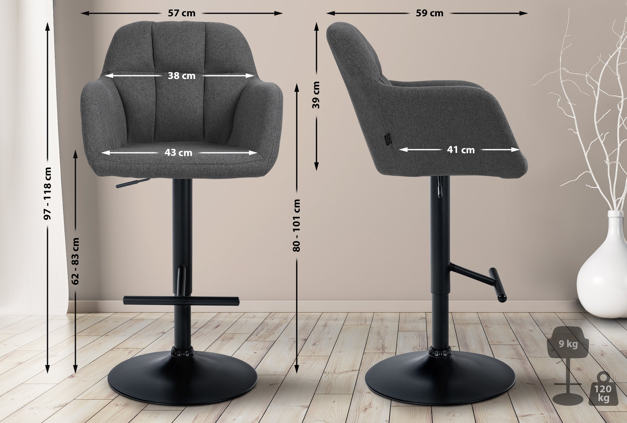 Barhocker Natoma Stoff schwarz, dunkelgrau