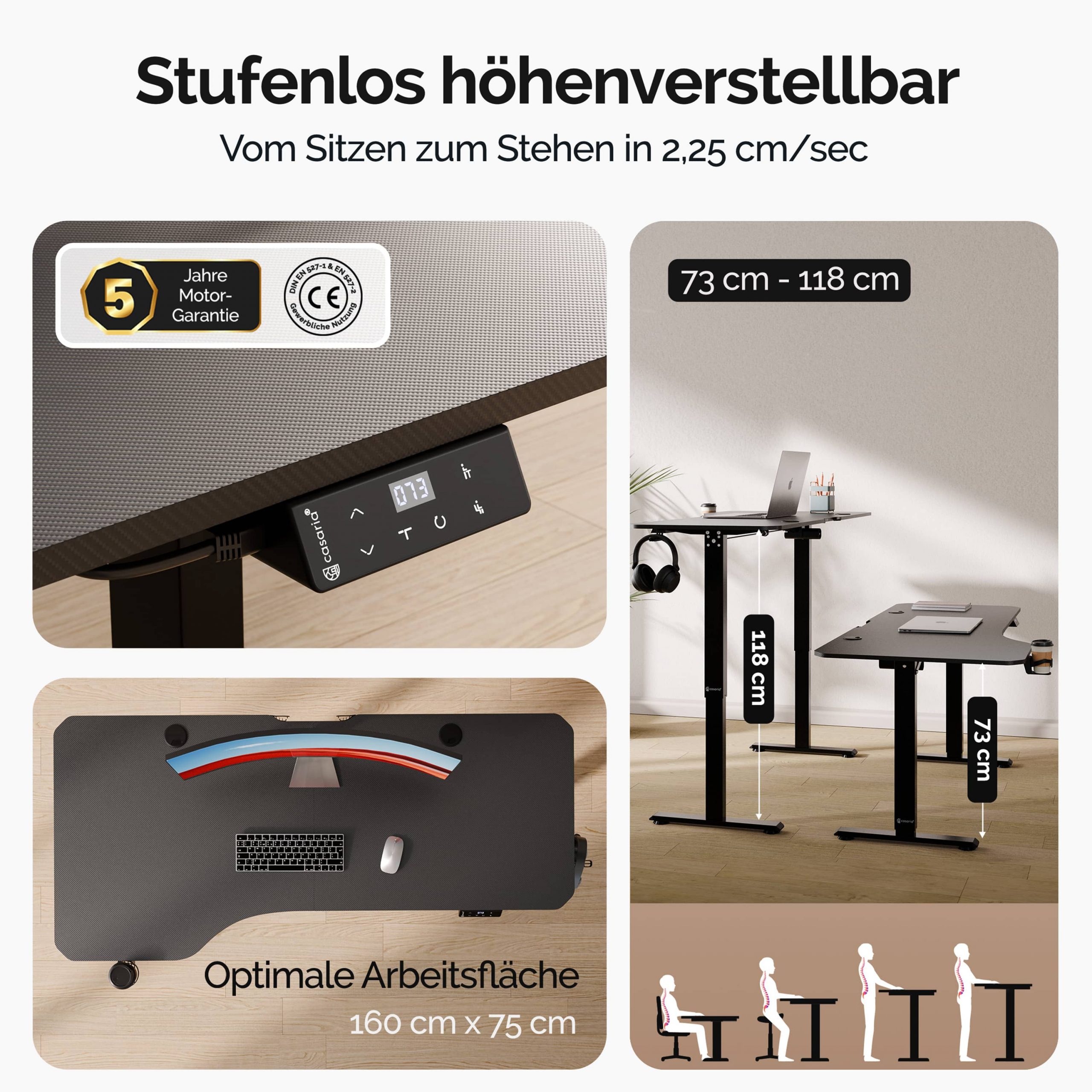 Höhenverstellbarer Schreibtisch Schwarz 160x75x73-118cm
