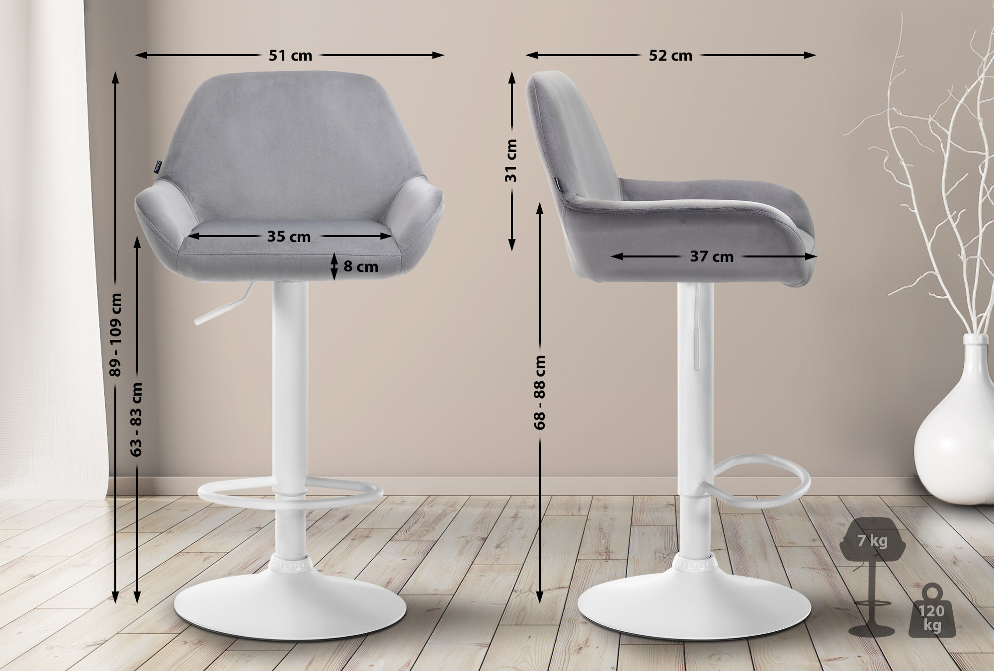 2er Set Barhocker Braga Samt weiß, grau