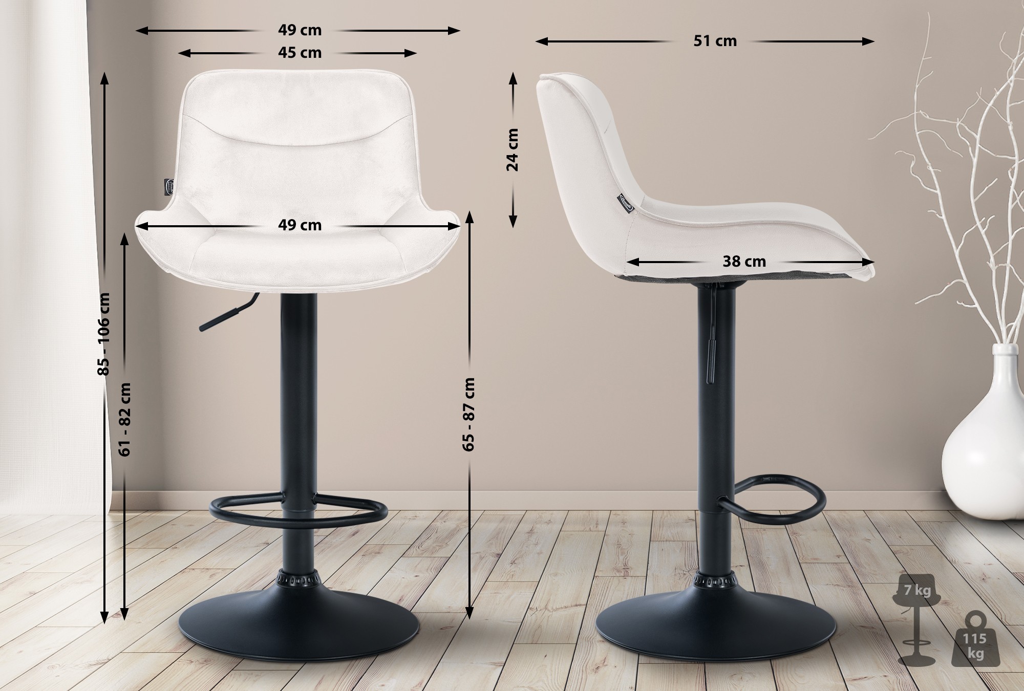 2er Set Barhocker Vonore Samt schwarz, creme