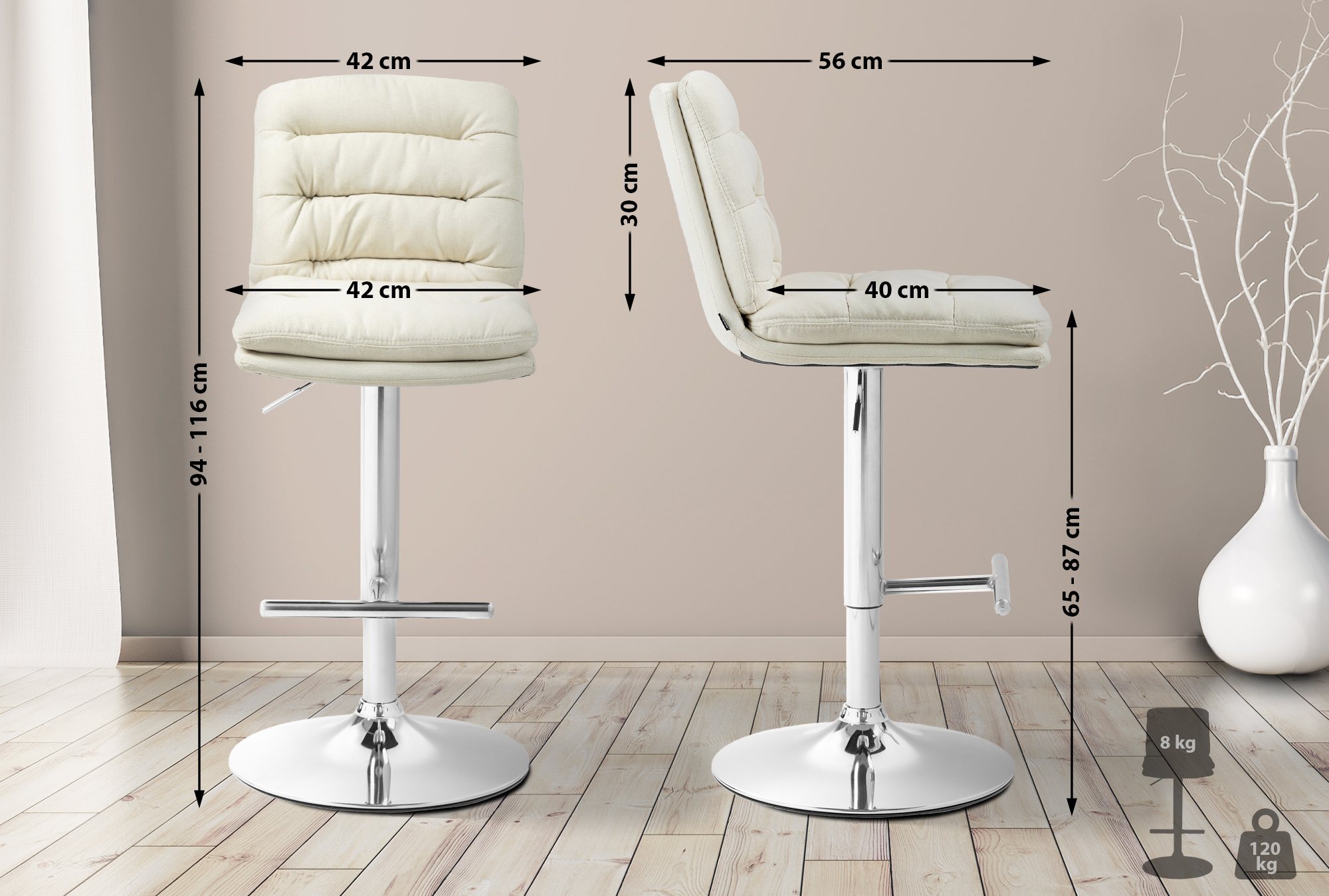 2er Set Barhocker Damar Stoff chrom, creme
