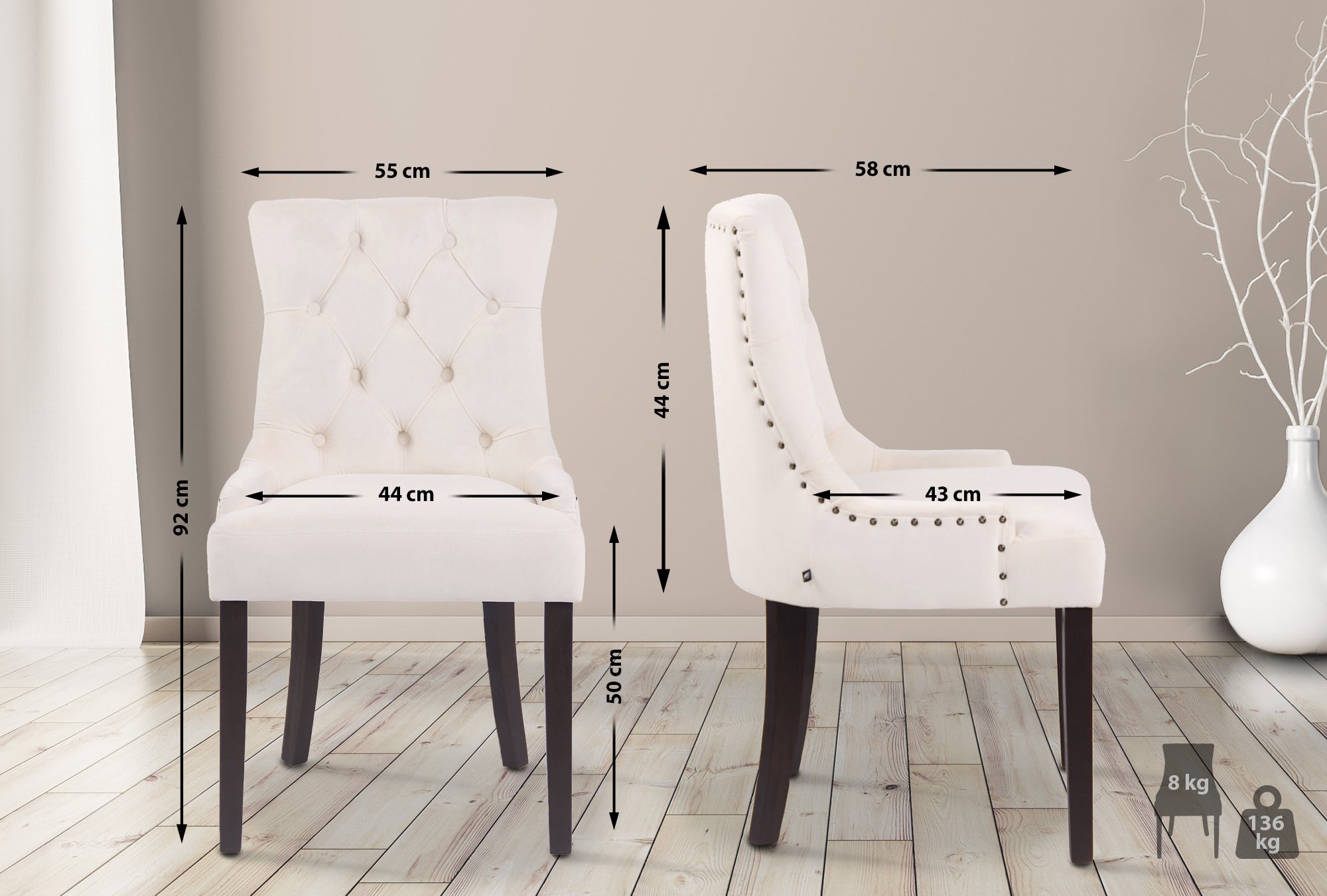 4er Set Esszimmerstühle Aberdeen Samt antik, creme