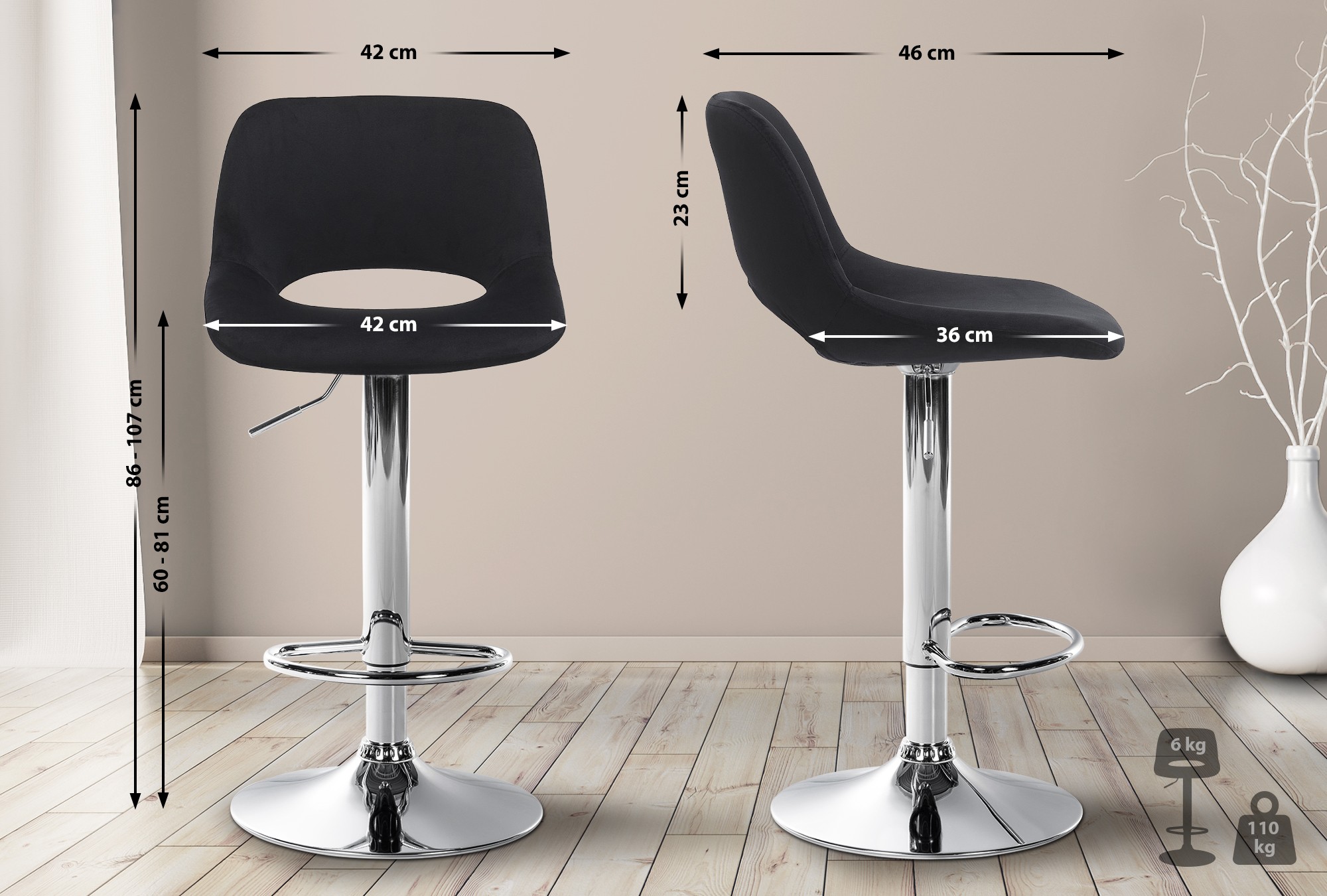 2er Set Barhocker Camden Samt chrom, schwarz