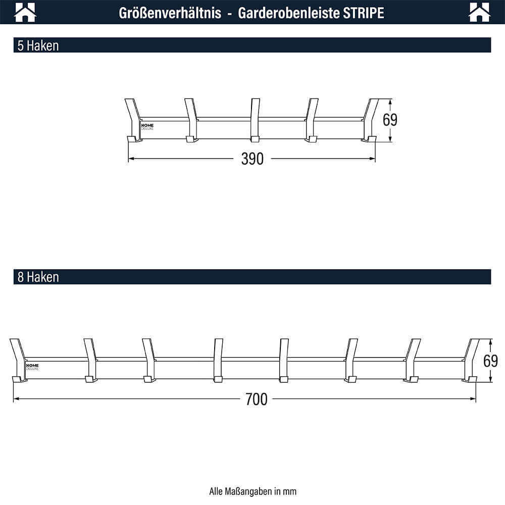 Garderobenleiste inkl. Haken, Magnete und Bilderregal STRIPE - 5 x Haken