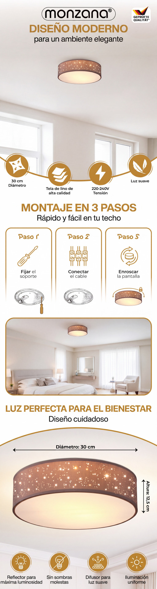 Deckenlampe Taupe Stoff Ø30cm Sternenhimmel