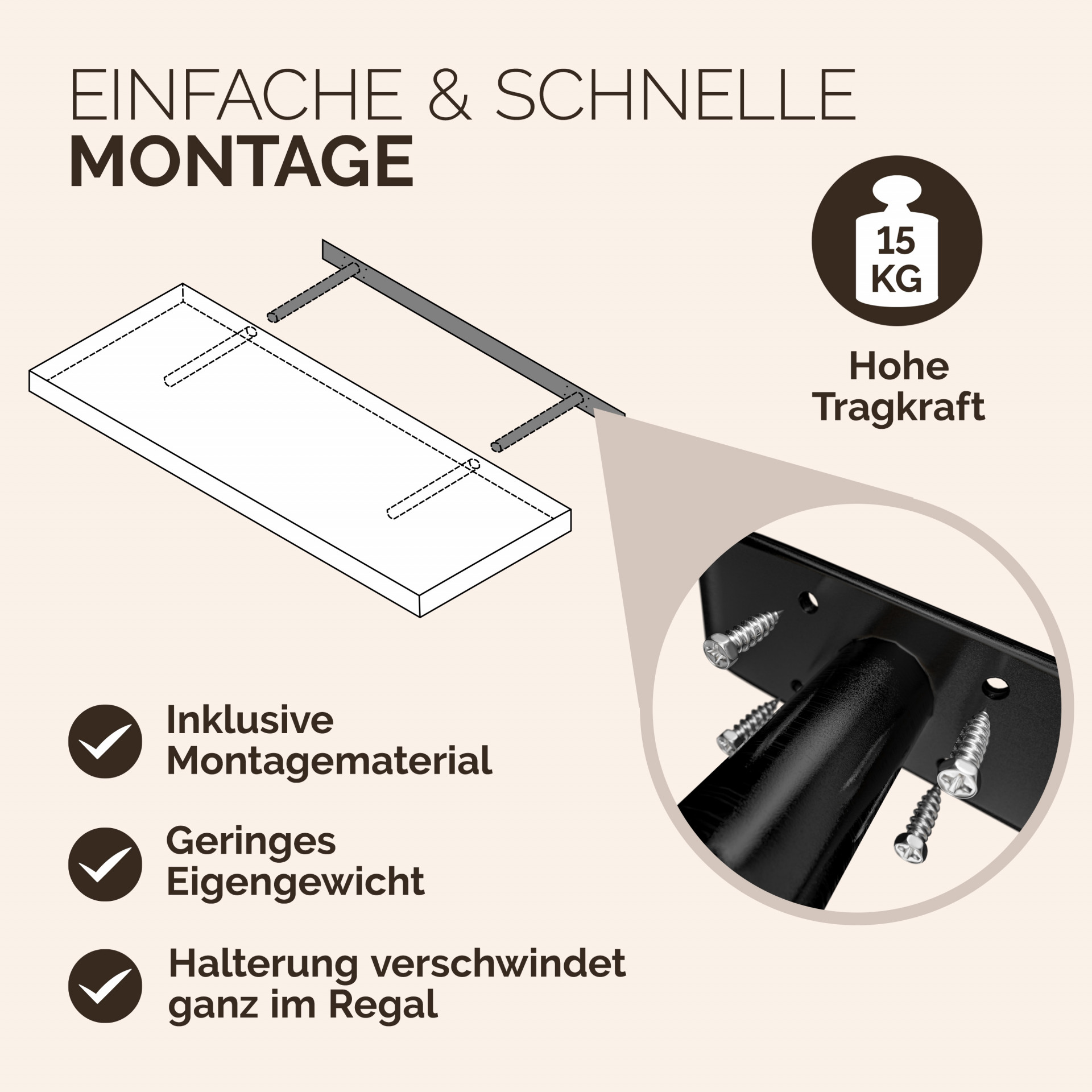 Wandregal Schweberegal 50cm Eiche dunkel + Halterung