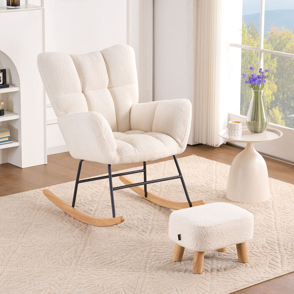 Schaukelstuhl inkl. Hocker NARA - Bouclé Weiß